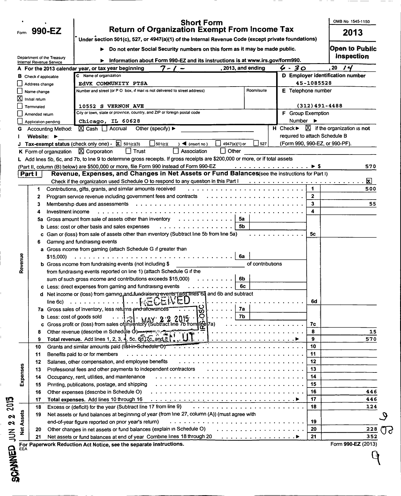 Image of first page of 2013 Form 990EZ for Illinois PTA - Education Village Keepers Comm Ptsa