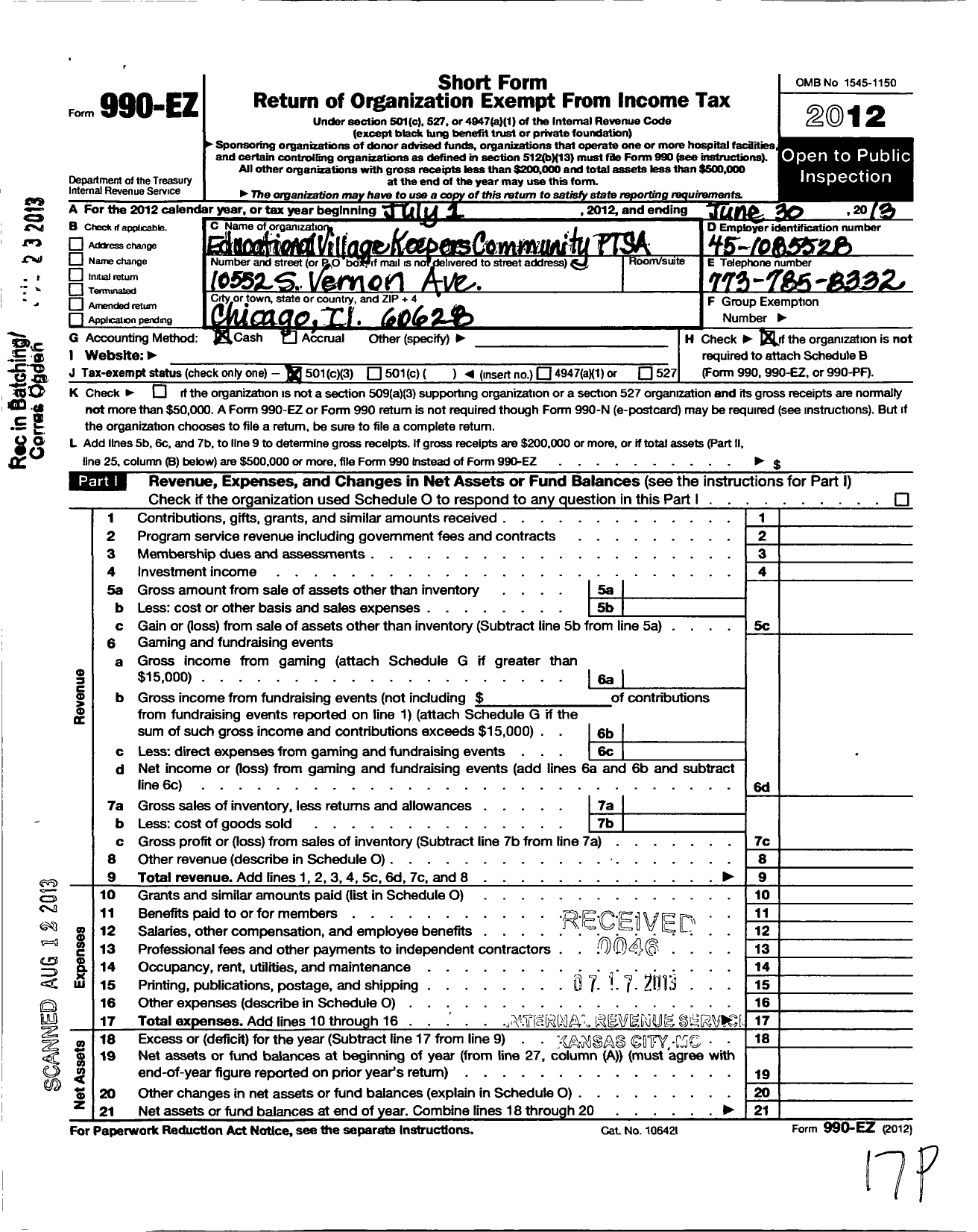 Image of first page of 2012 Form 990EZ for Illinois PTA - Education Village Keepers Comm Ptsa