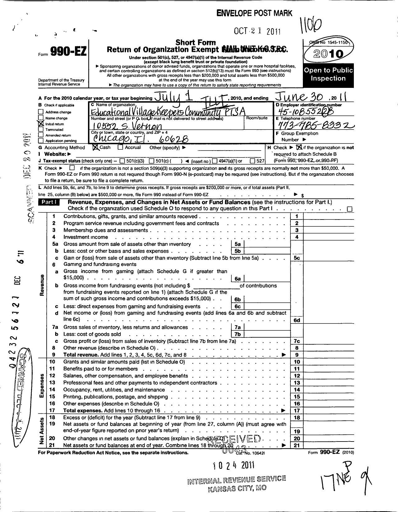 Image of first page of 2010 Form 990EZ for Illinois PTA - Education Village Keepers Comm Ptsa