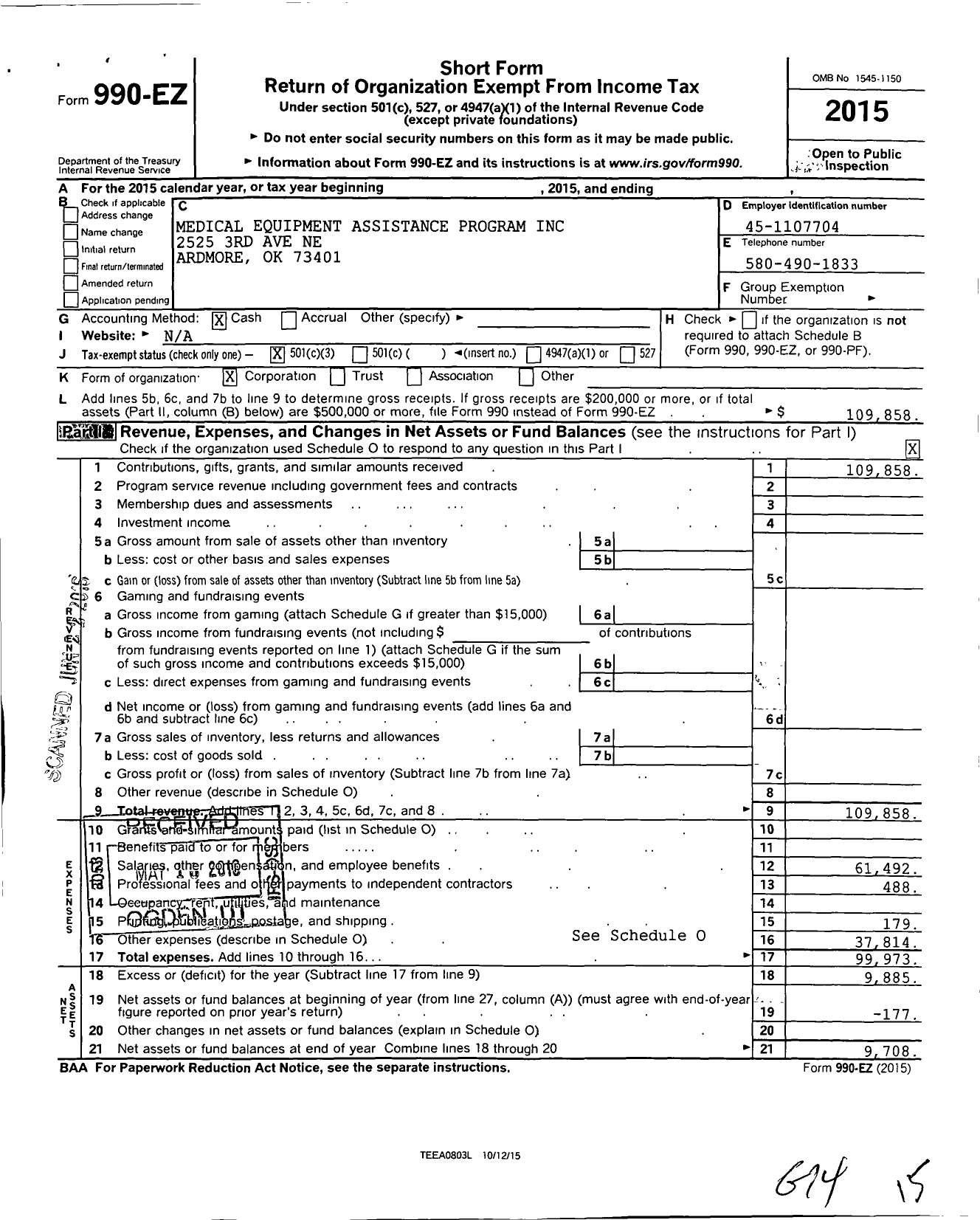 Image of first page of 2015 Form 990EZ for Medical Equipment Assistance Program (MEAP)