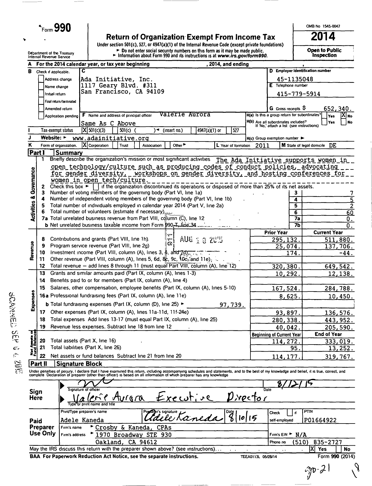 Image of first page of 2014 Form 990 for Ada Initiative