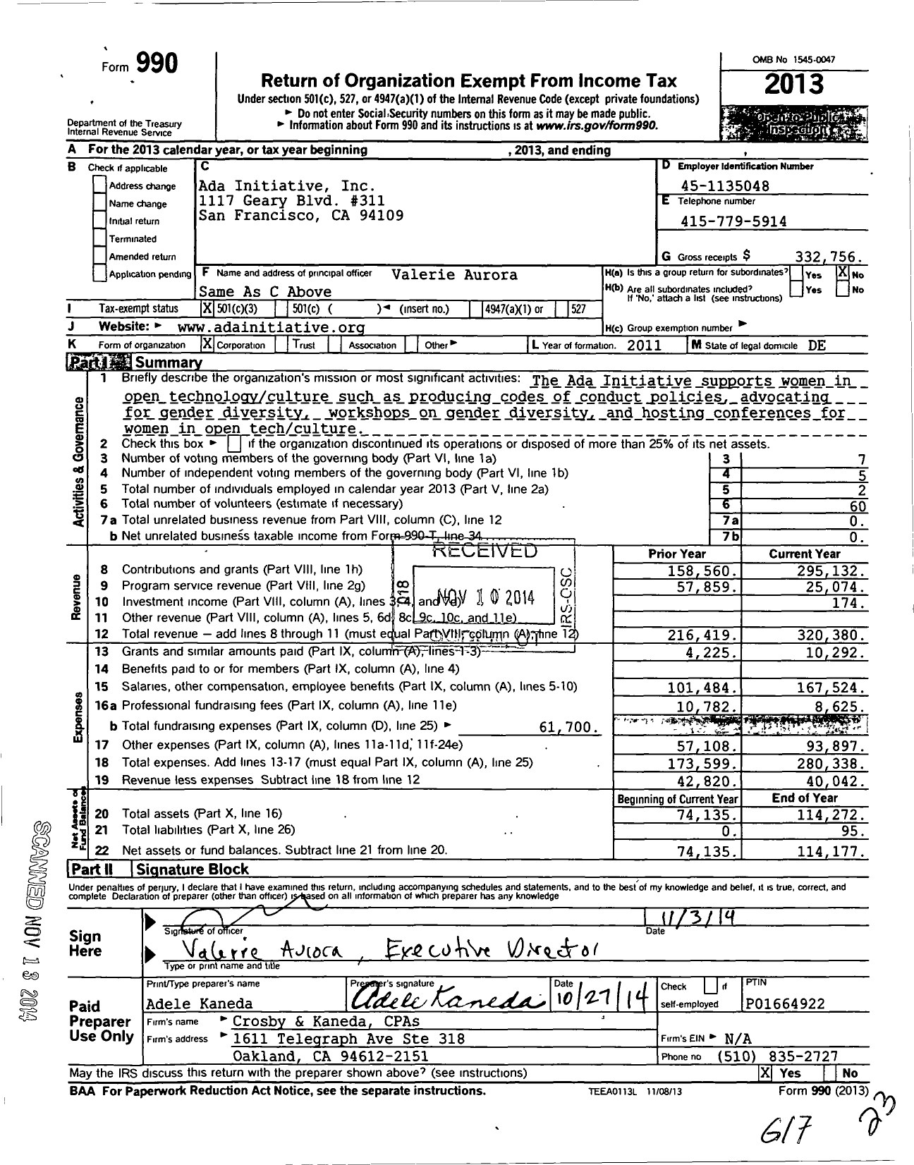 Image of first page of 2013 Form 990 for Ada Initiative