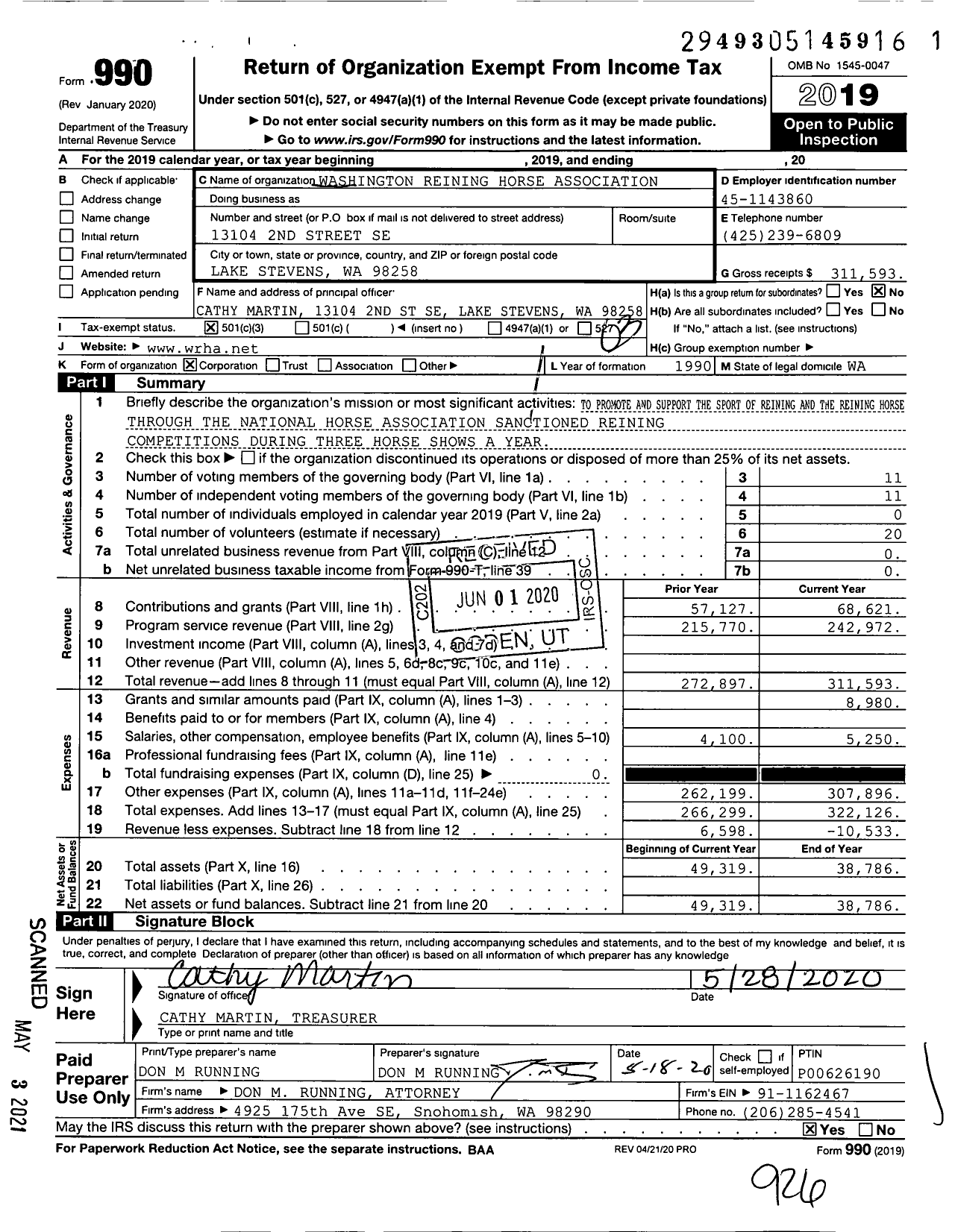 Image of first page of 2019 Form 990 for Washington Reining Horse Association