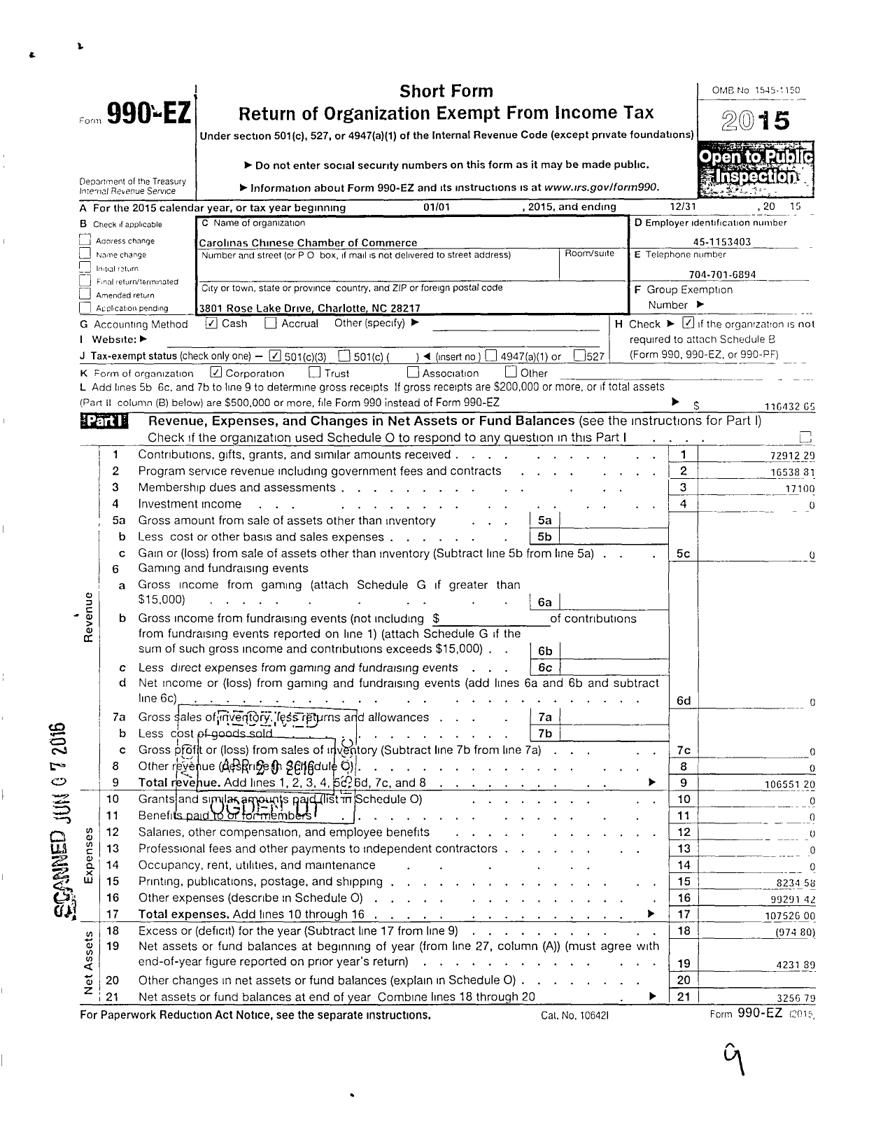 Image of first page of 2015 Form 990EZ for The Carolinas Chinese CHMBR of Commerce