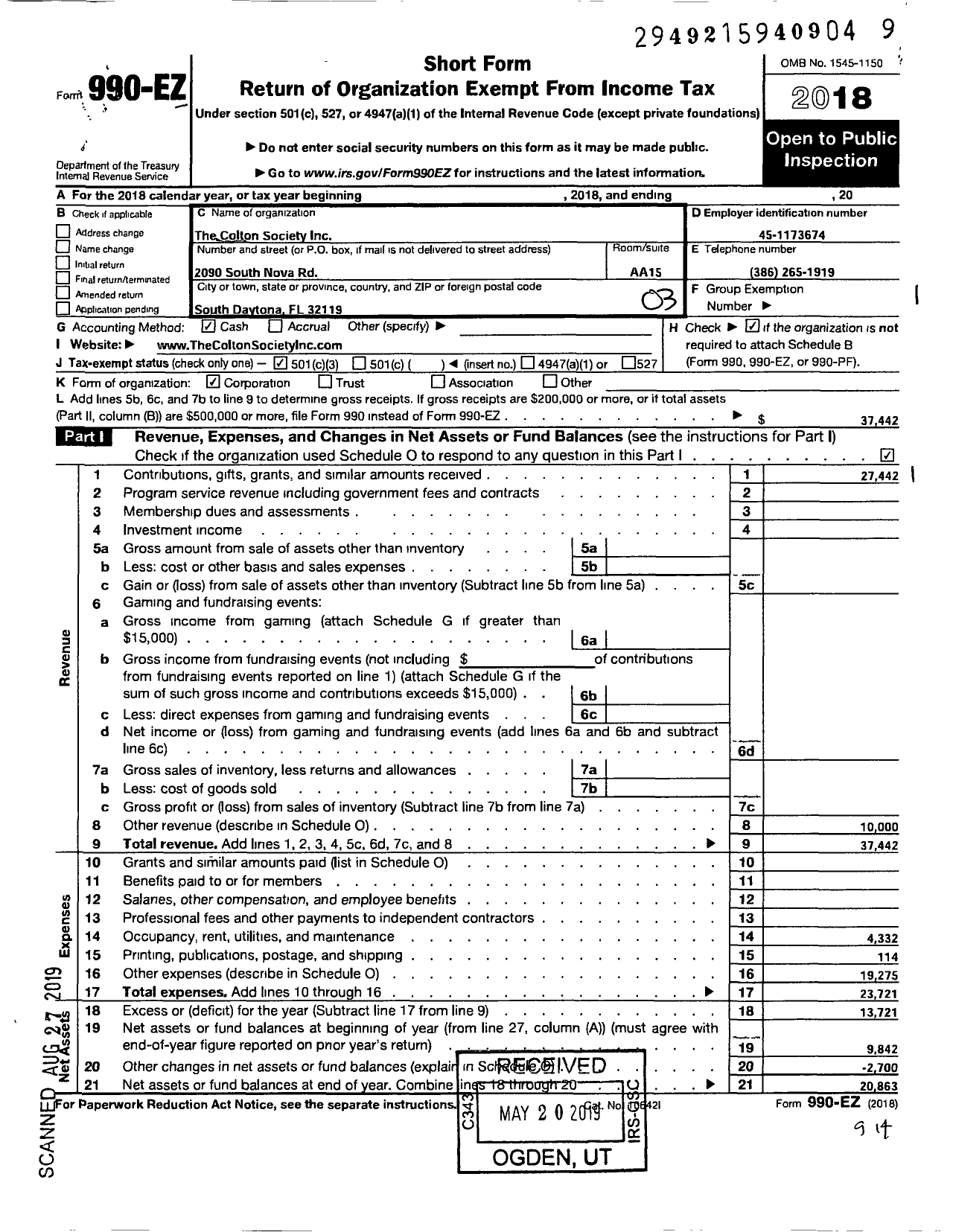 Image of first page of 2018 Form 990EZ for Colton Society