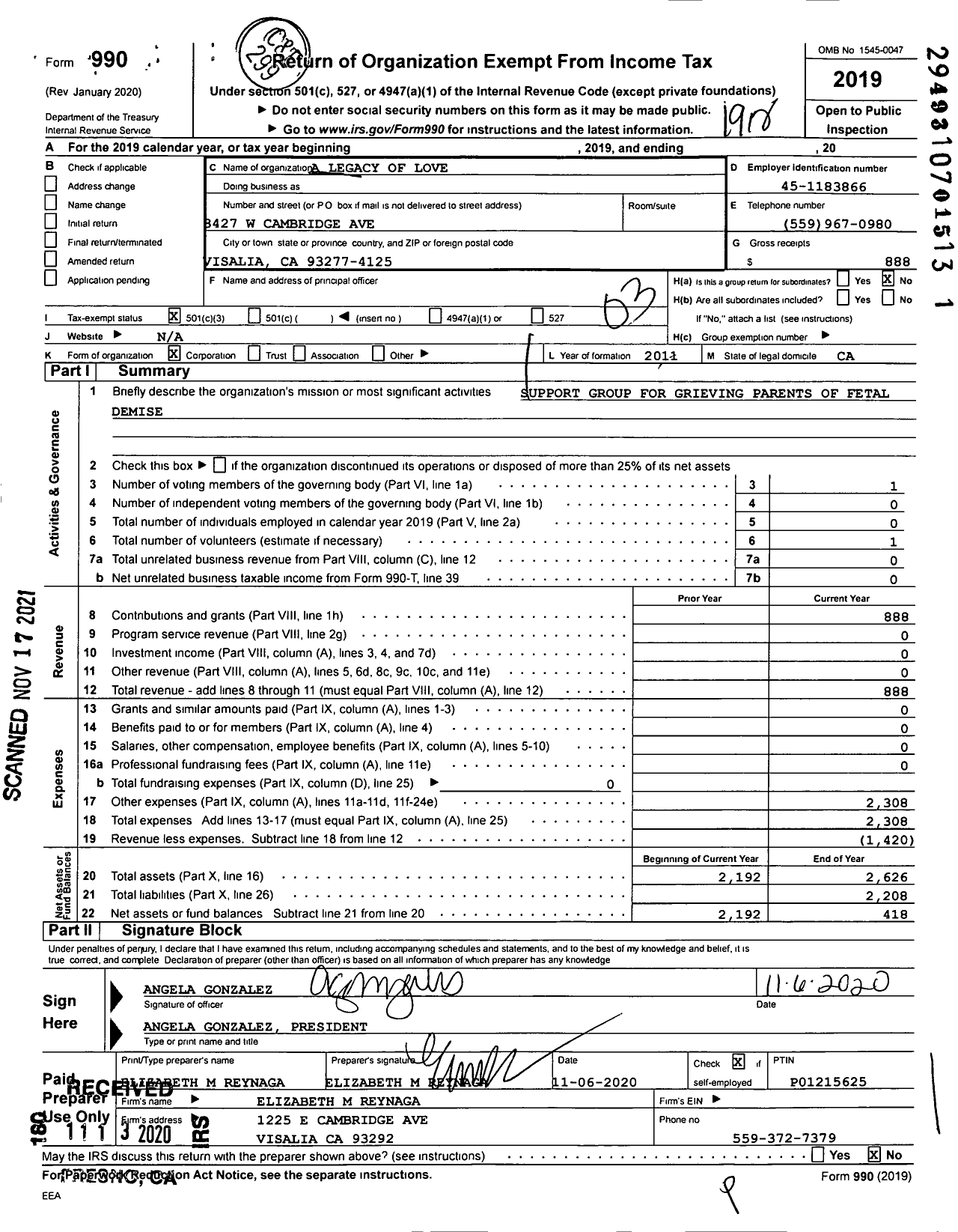 Image of first page of 2019 Form 990 for A Legacy of Love