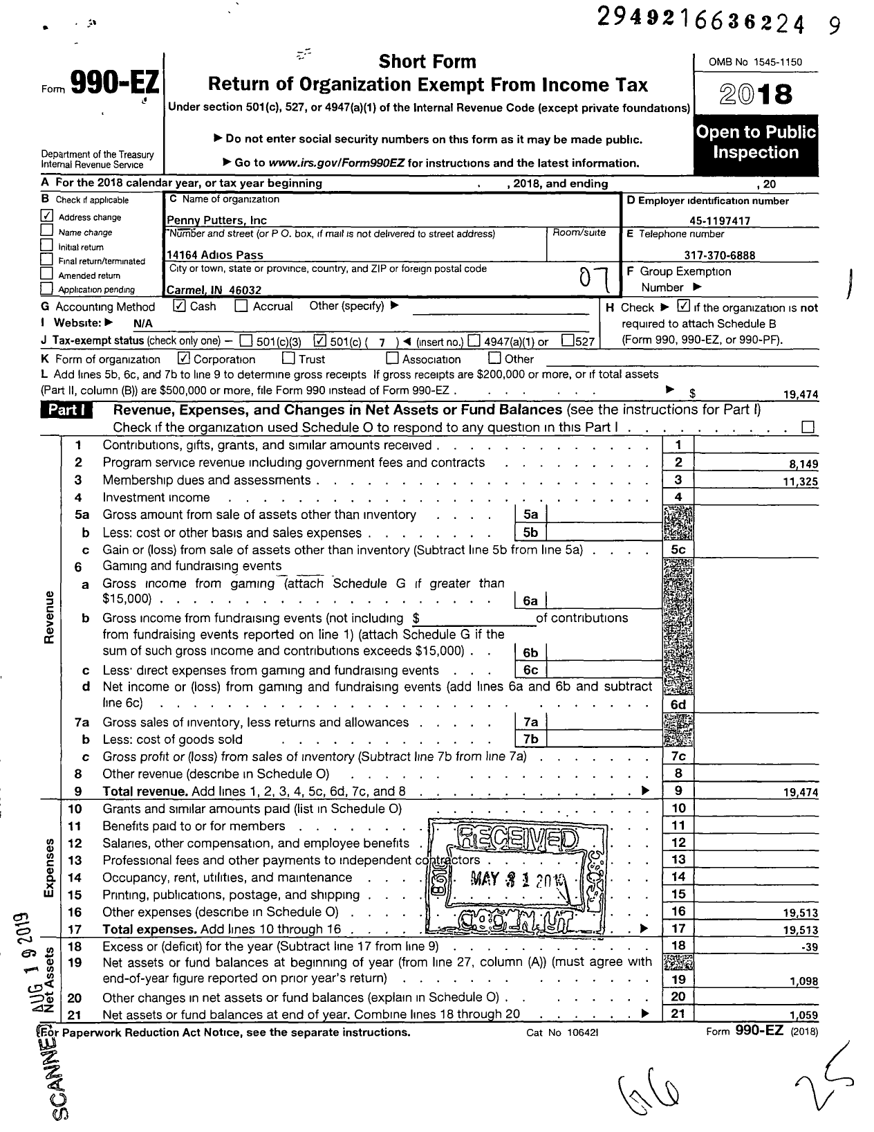 Image of first page of 2018 Form 990EO for Penny Putters