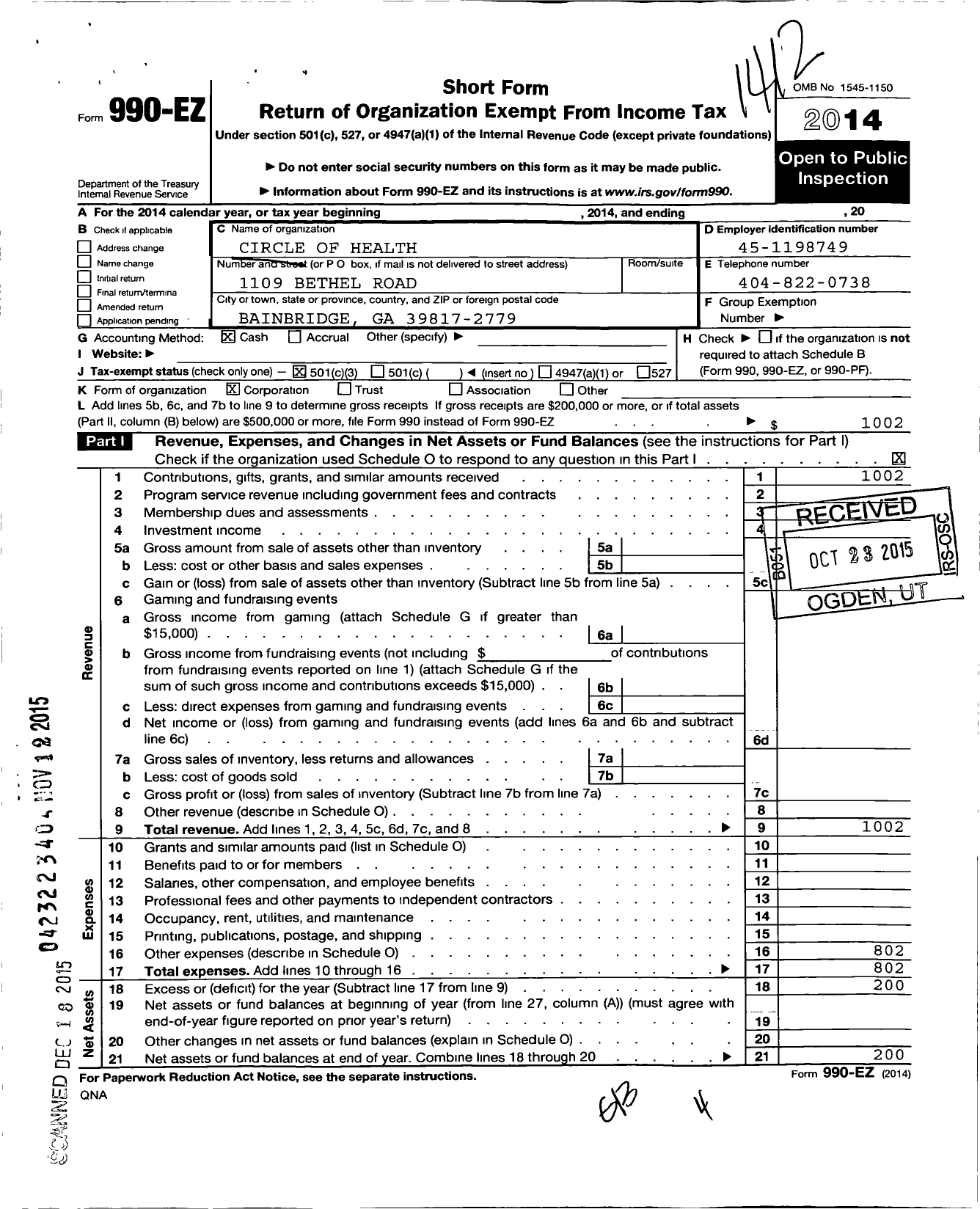 Image of first page of 2014 Form 990EZ for Circle of Health