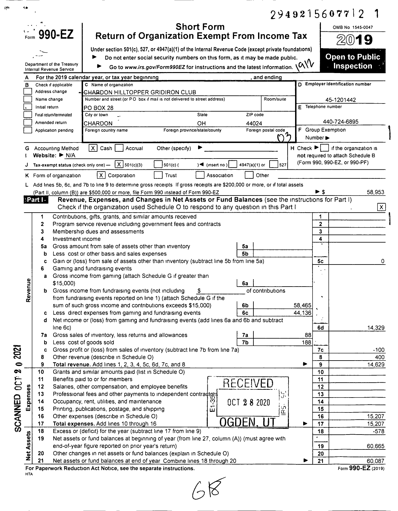 Image of first page of 2019 Form 990EZ for Chardon Hilltopper Gridiron Club