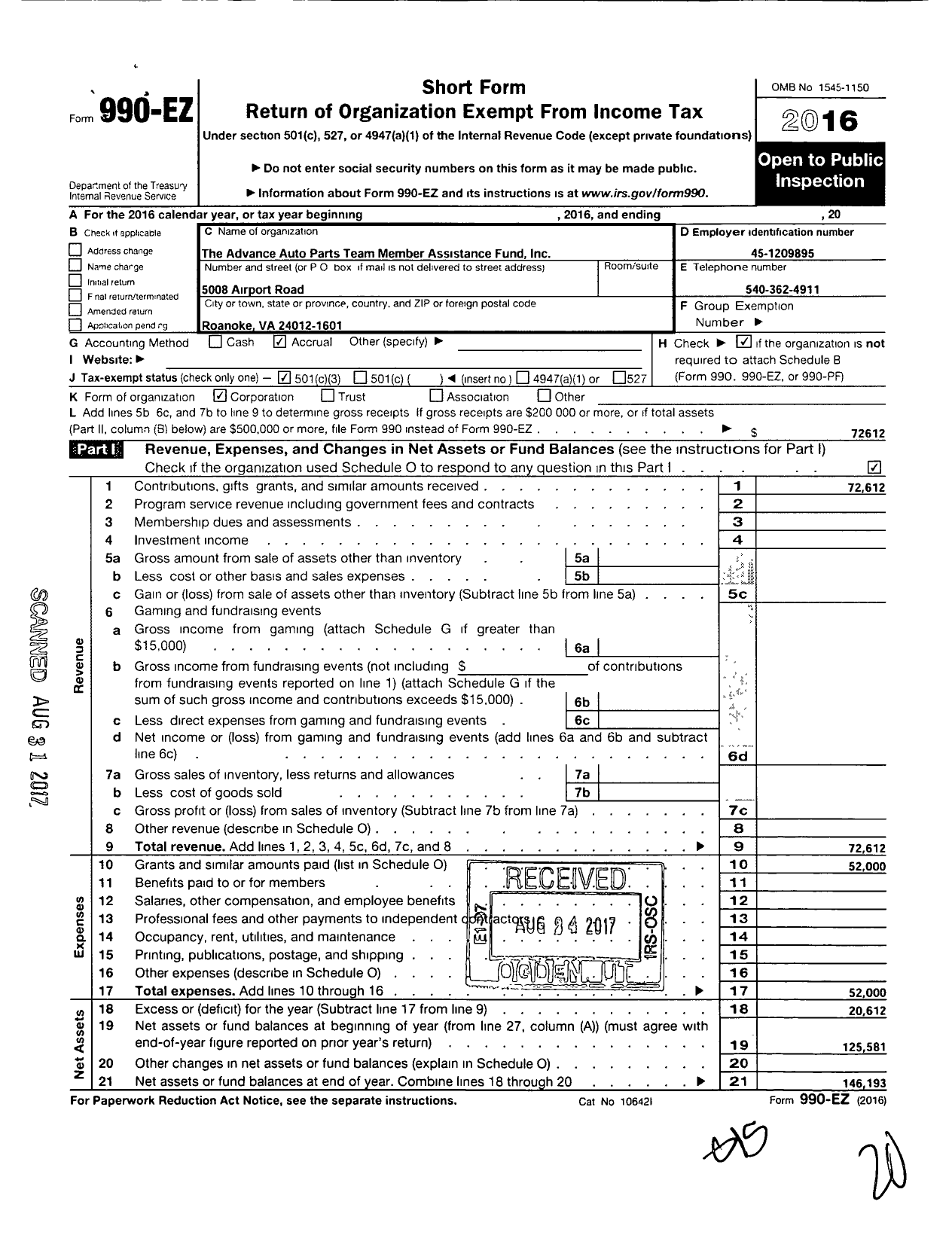 Image of first page of 2016 Form 990EZ for The Advance Auto Parts Team Member Assistance Fund