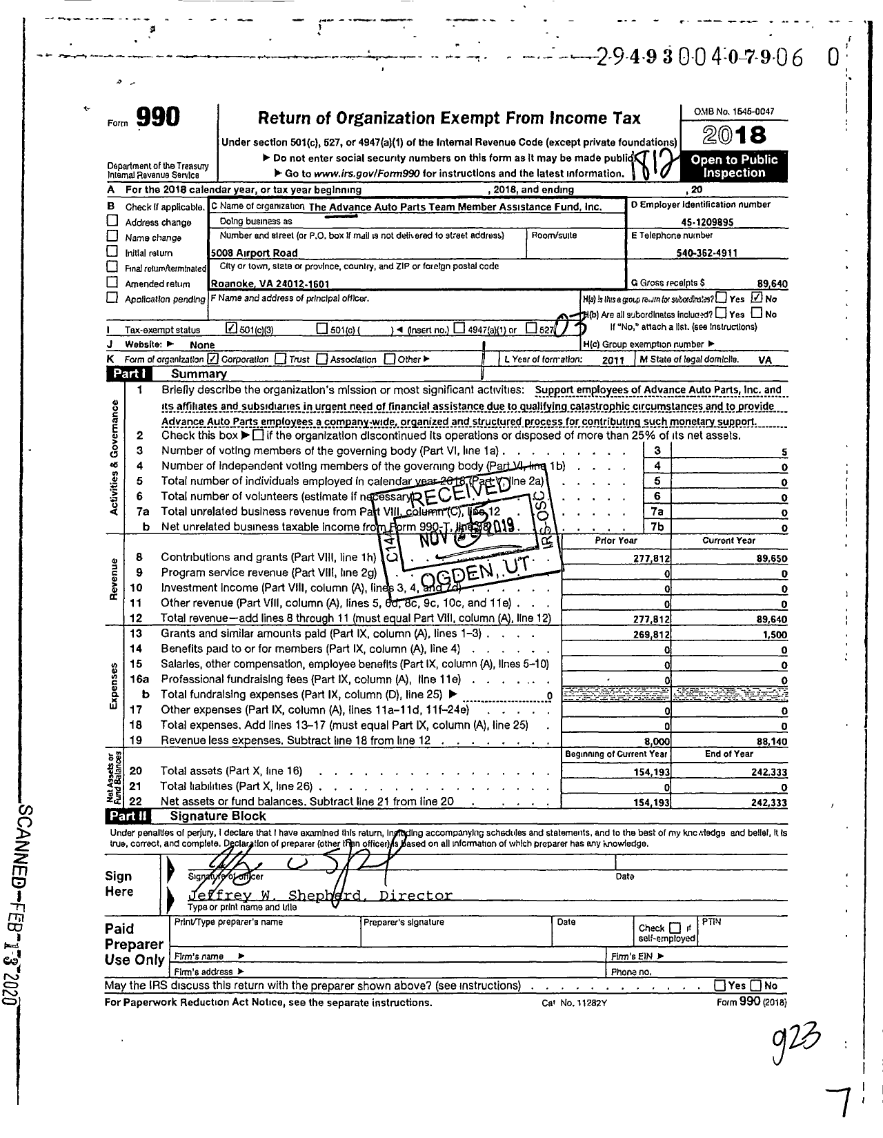 Image of first page of 2018 Form 990 for The Advance Auto Parts Team Member Assistance Fund