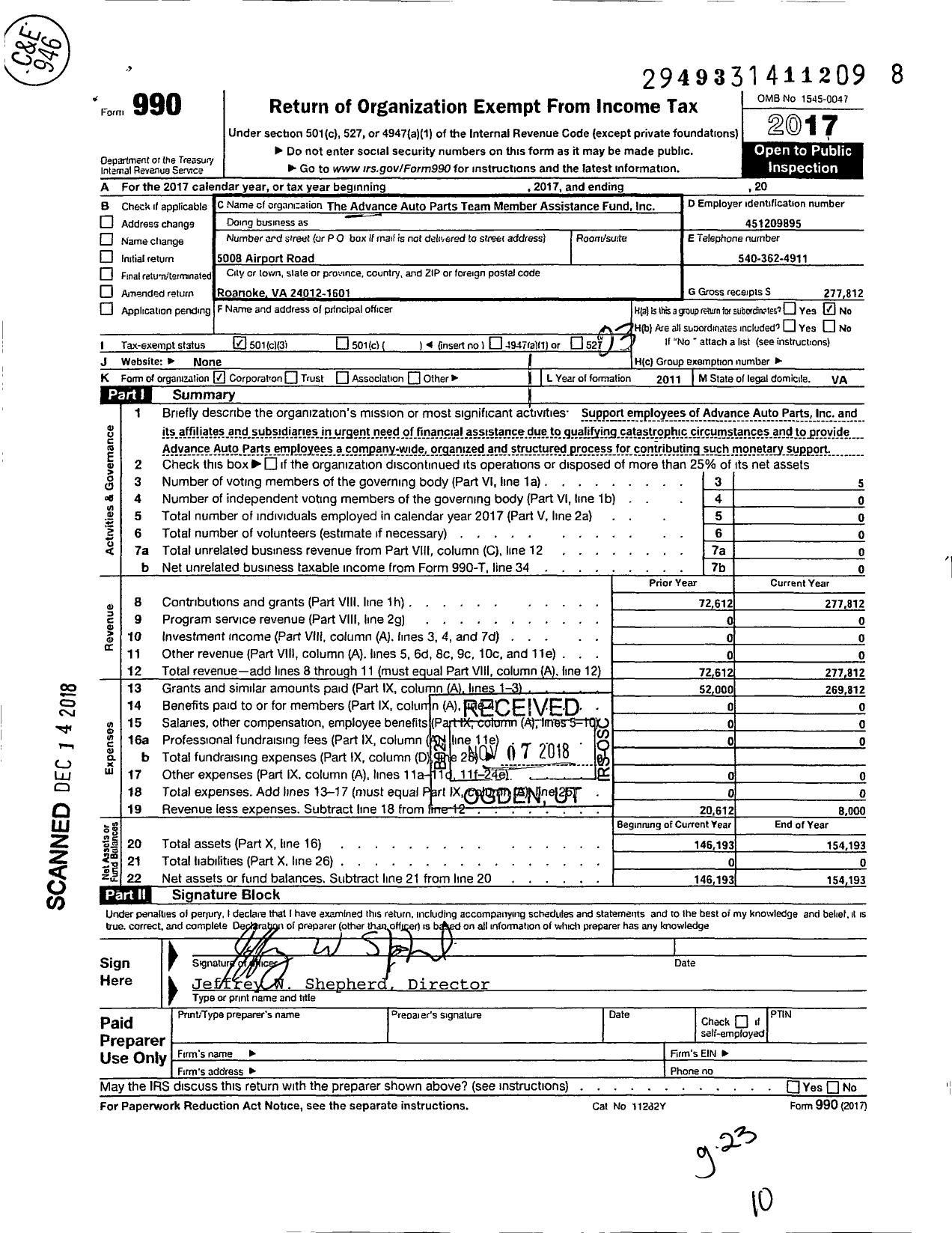 Image of first page of 2017 Form 990 for The Advance Auto Parts Team Member Assistance Fund