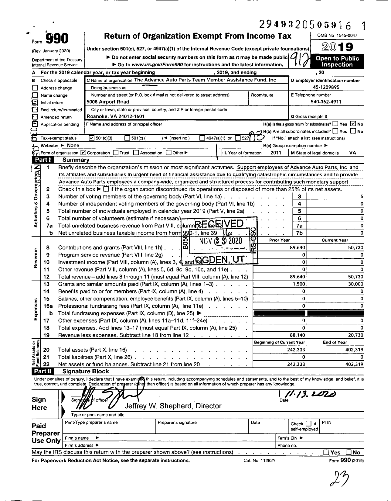 Image of first page of 2019 Form 990 for The Advance Auto Parts Team Member Assistance Fund