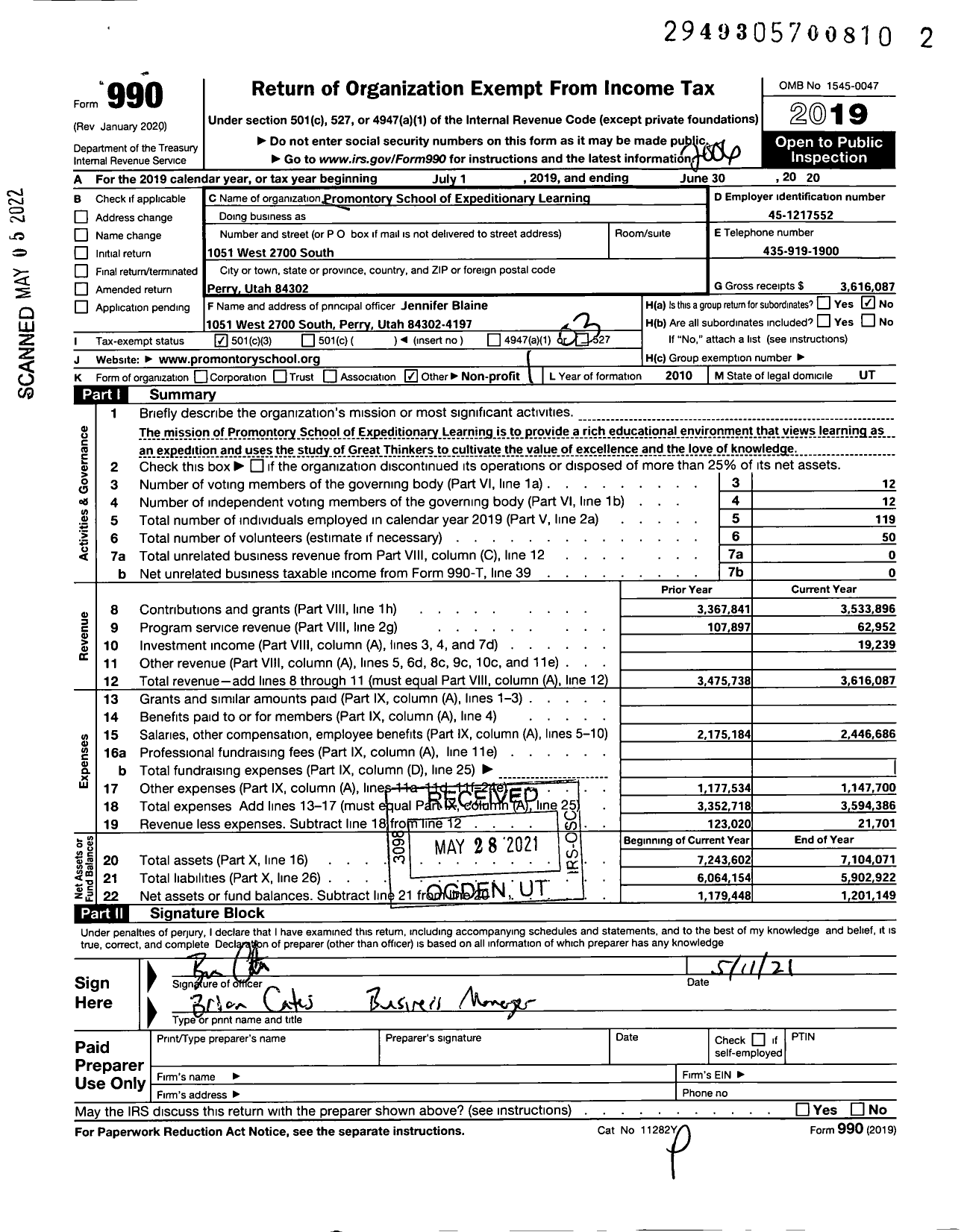 Image of first page of 2019 Form 990 for Promontory School of Expeditionary Learning