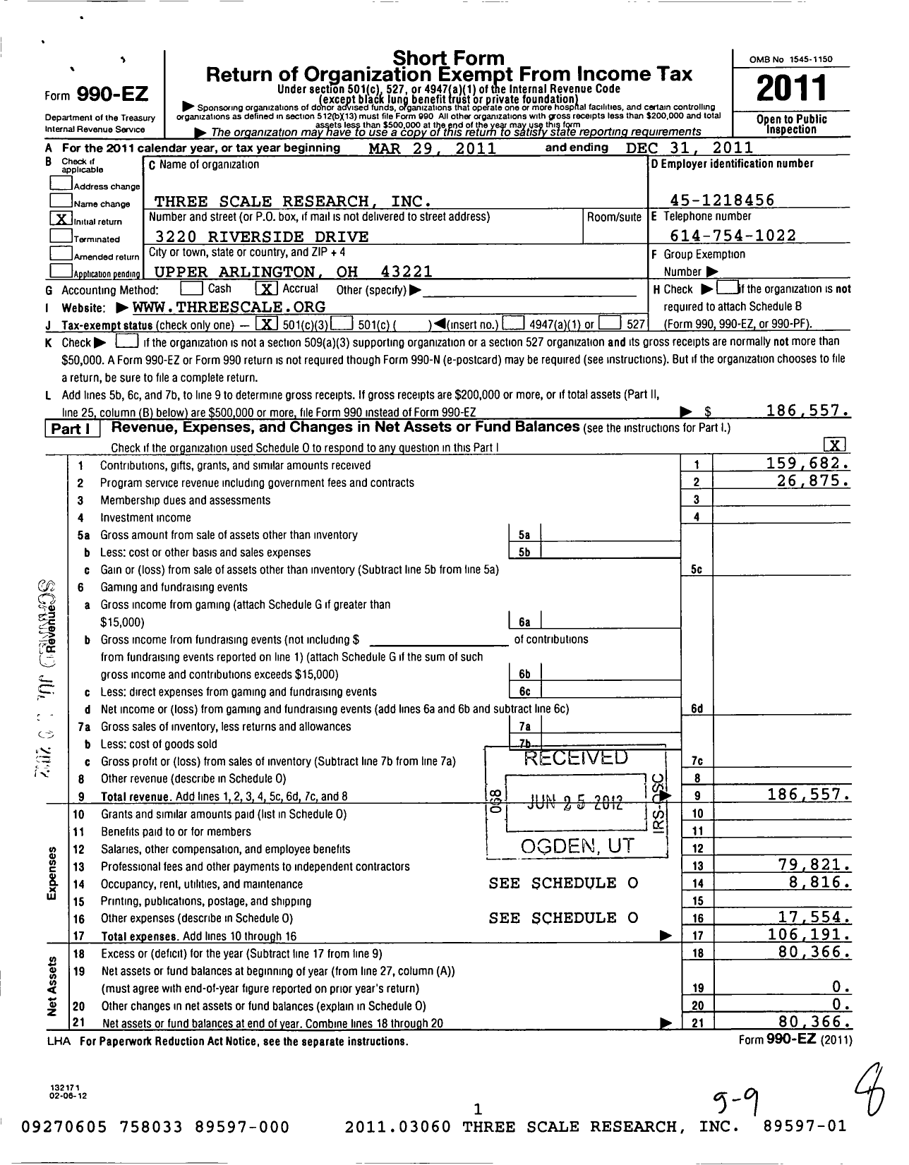 Image of first page of 2011 Form 990EZ for Three Scale Research LLC