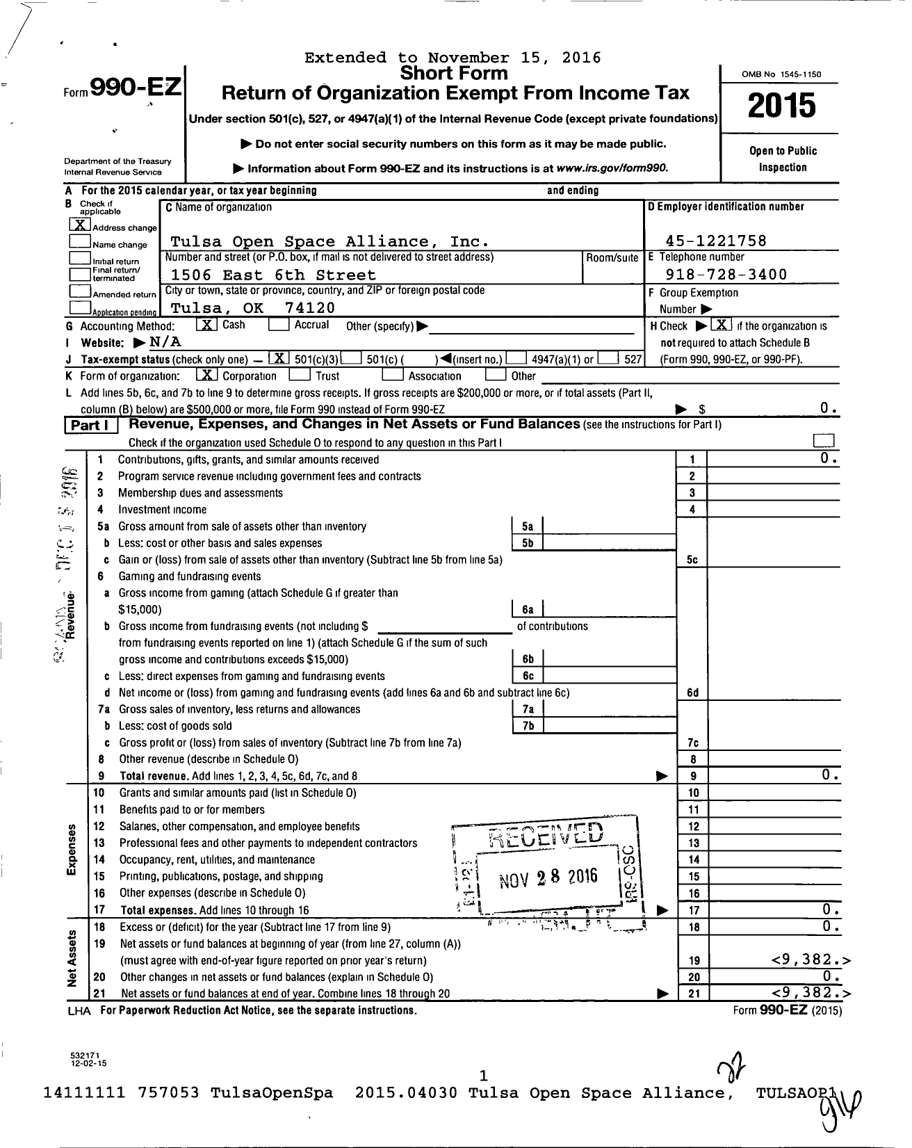 Image of first page of 2015 Form 990EZ for Tulsa Open Space Alliance