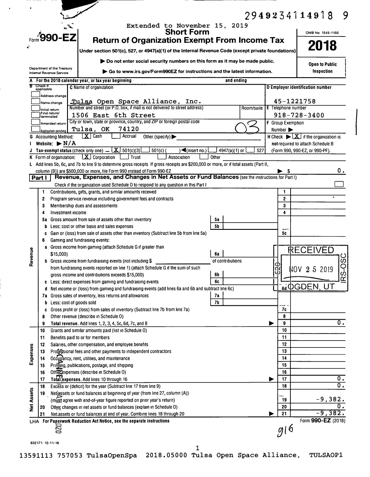 Image of first page of 2018 Form 990EZ for Tulsa Open Space Alliance