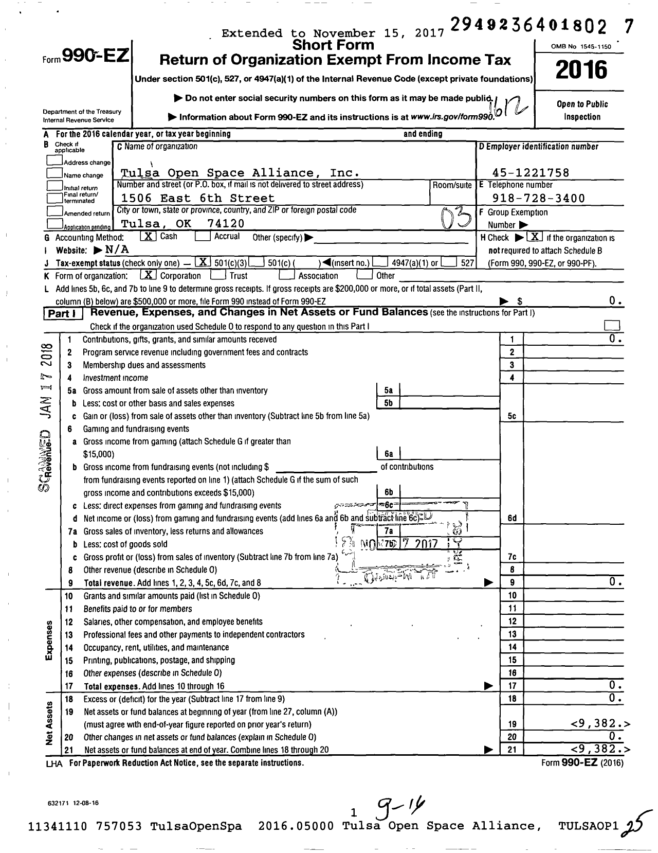 Image of first page of 2016 Form 990EZ for Tulsa Open Space Alliance