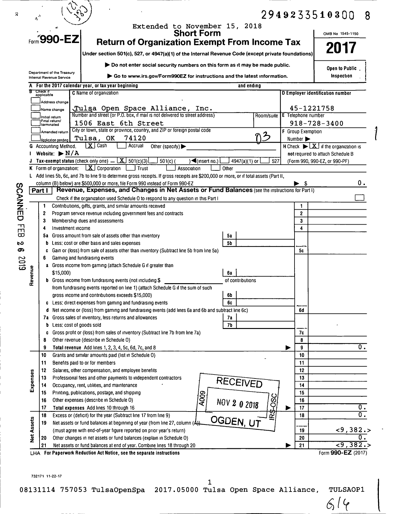 Image of first page of 2017 Form 990EZ for Tulsa Open Space Alliance