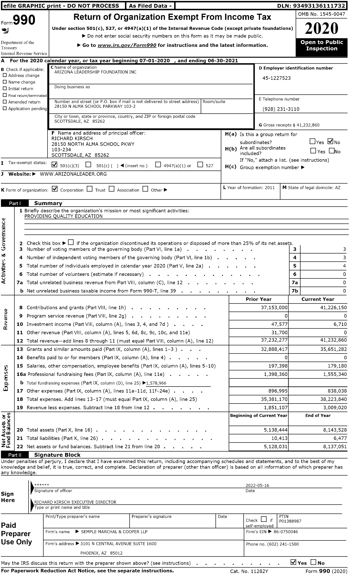 Image of first page of 2020 Form 990 for Arizona Leadership Foundation