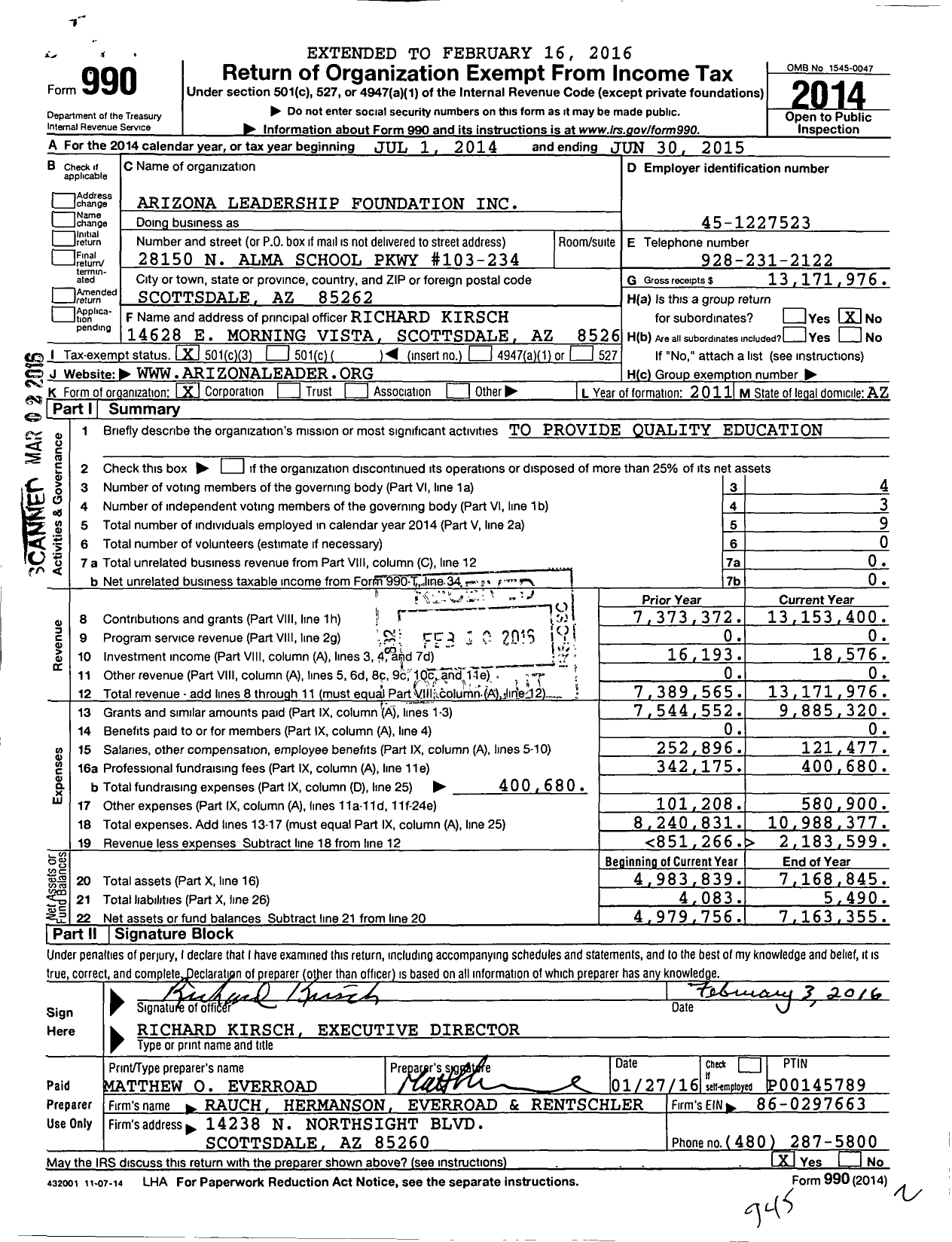 Image of first page of 2014 Form 990 for Arizona Leadership Foundation