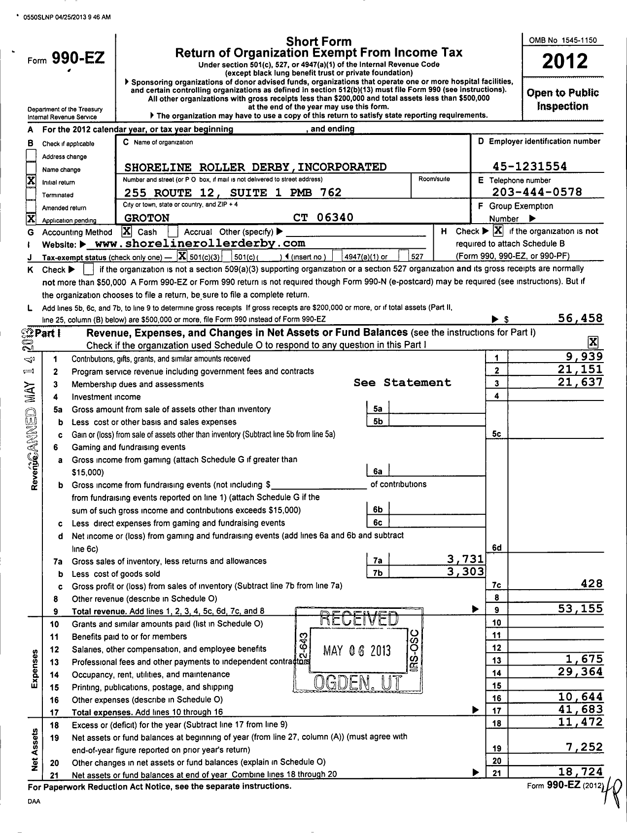 Image of first page of 2012 Form 990EZ for Shoreline Roller Derby