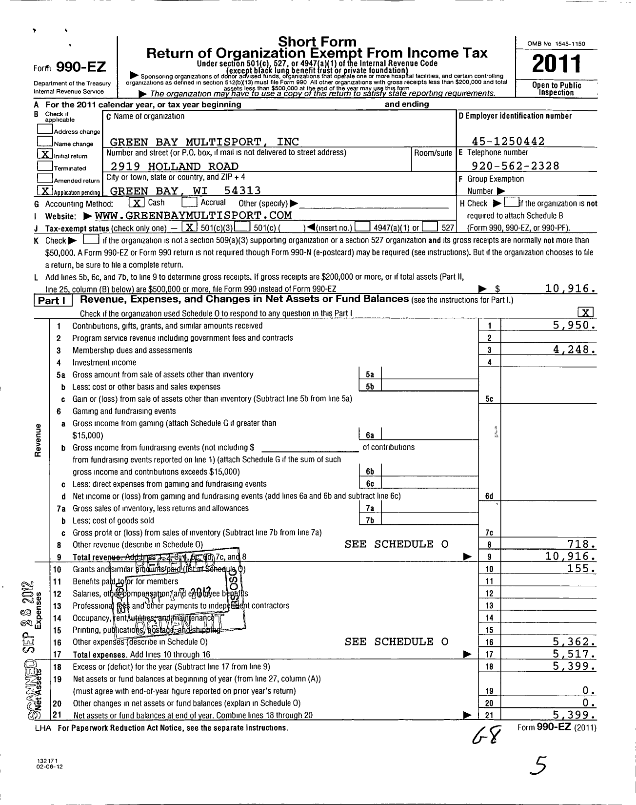 Image of first page of 2011 Form 990EZ for Green Bay Multisport