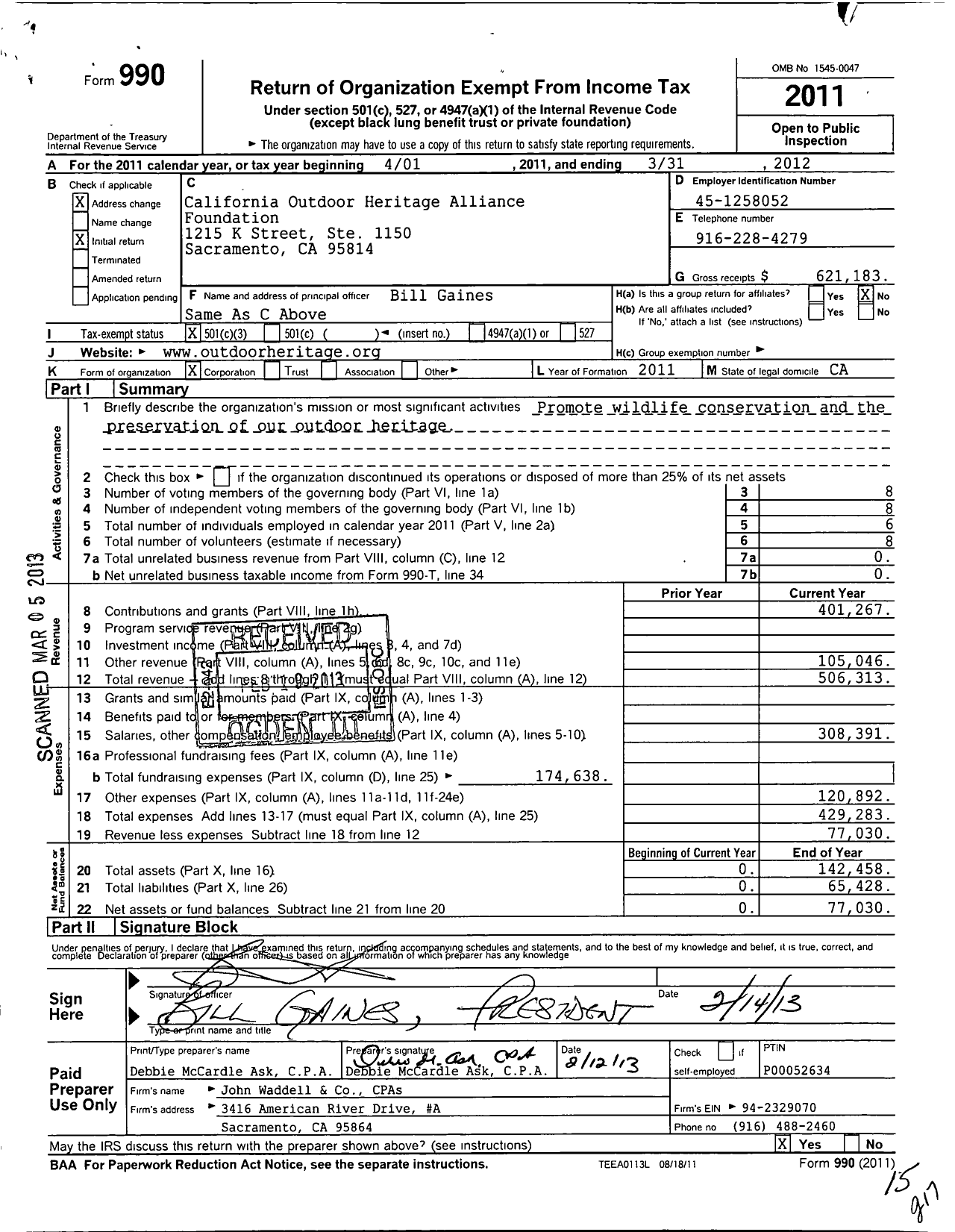 Image of first page of 2011 Form 990 for California Outdoor Heritage Alliance Foundation (COHA)