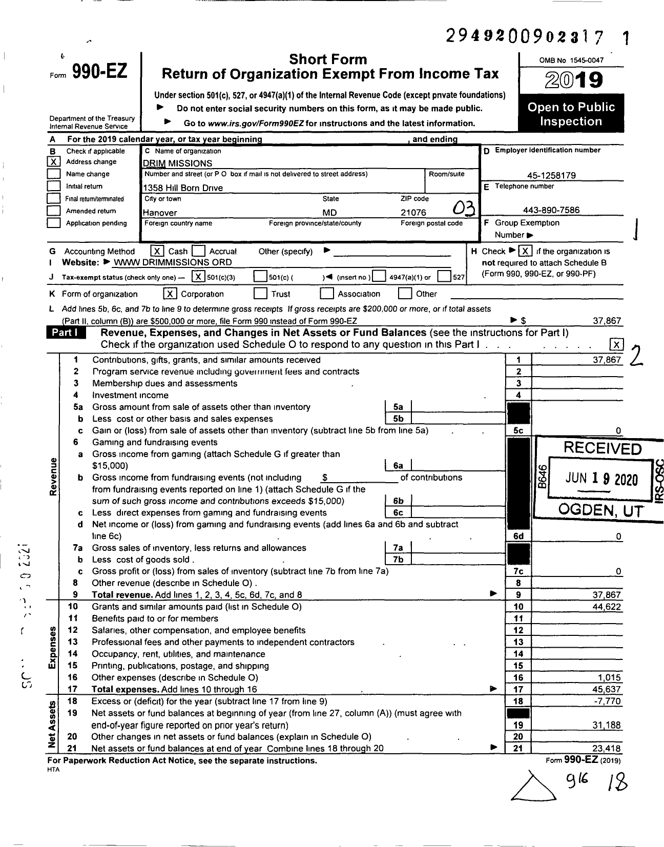 Image of first page of 2019 Form 990EZ for DRIM Missions