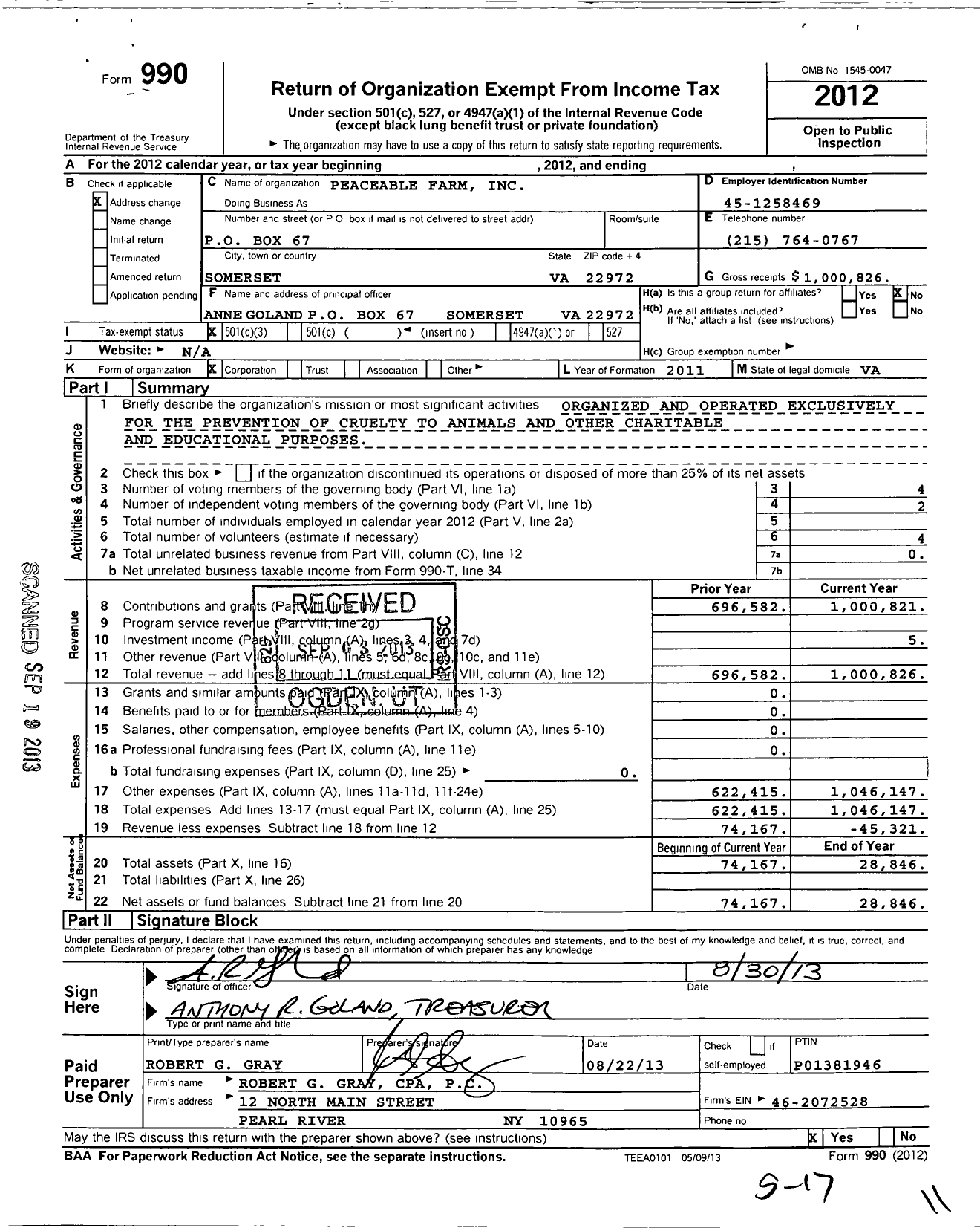 Image of first page of 2012 Form 990 for Peaceable Farm