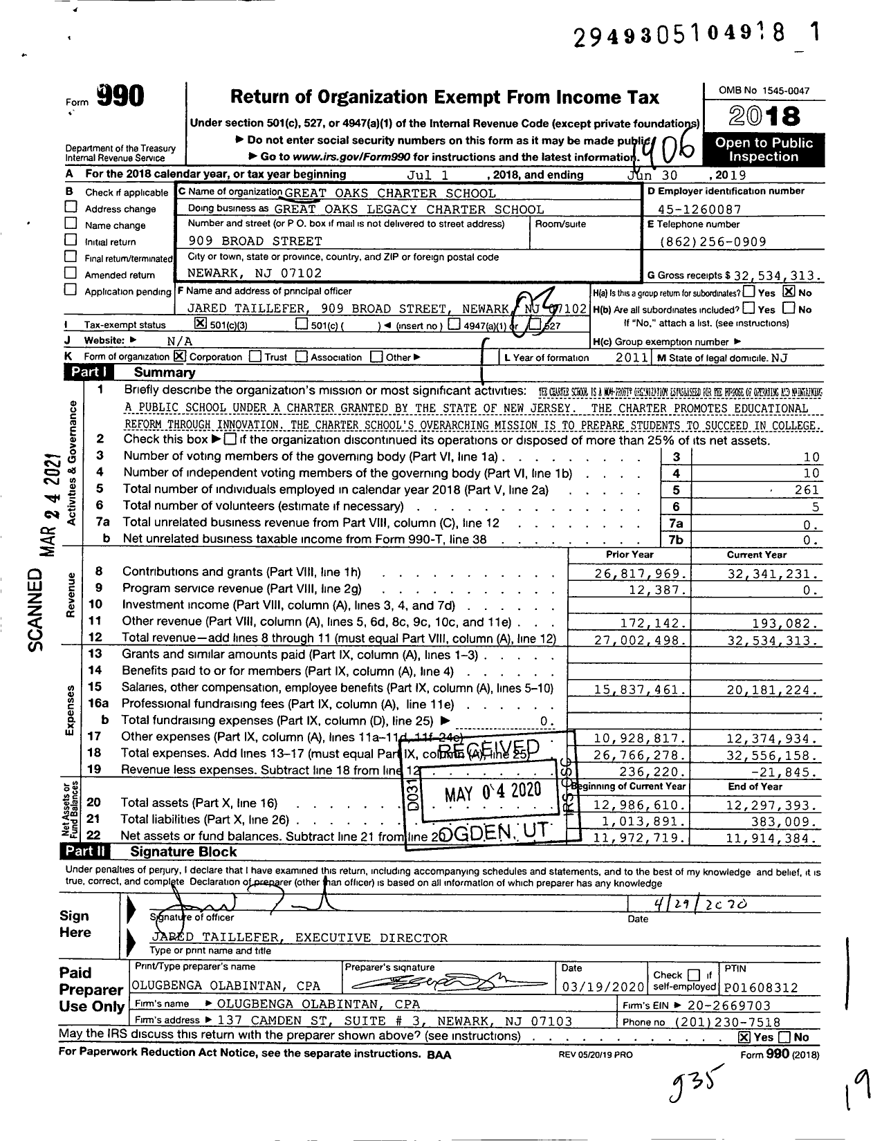 Image of first page of 2018 Form 990 for Great Oaks Legacy Charter School