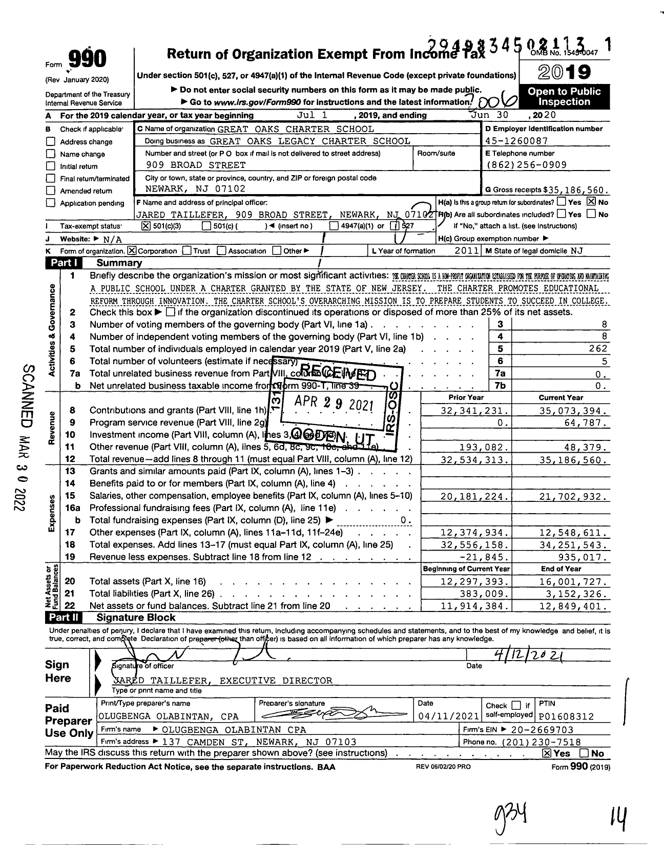 Image of first page of 2019 Form 990 for Great Oaks Legacy Charter School