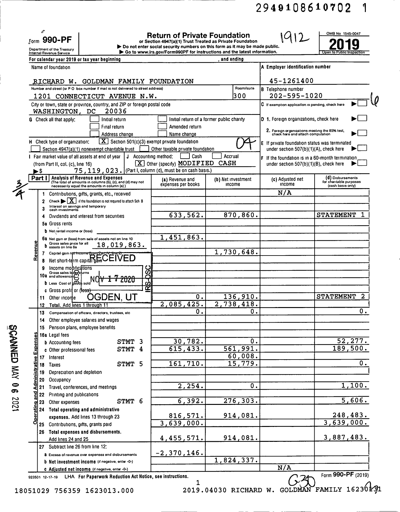 Image of first page of 2019 Form 990PF for Richard W Goldman Family Foundation