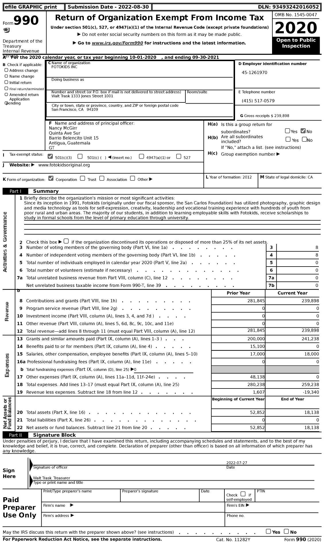 Image of first page of 2020 Form 990 for Fotokids