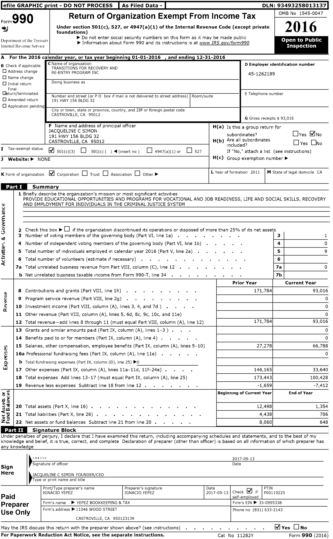 Image of first page of 2016 Form 990 for Transitions for Recovery and Re-Entry Program