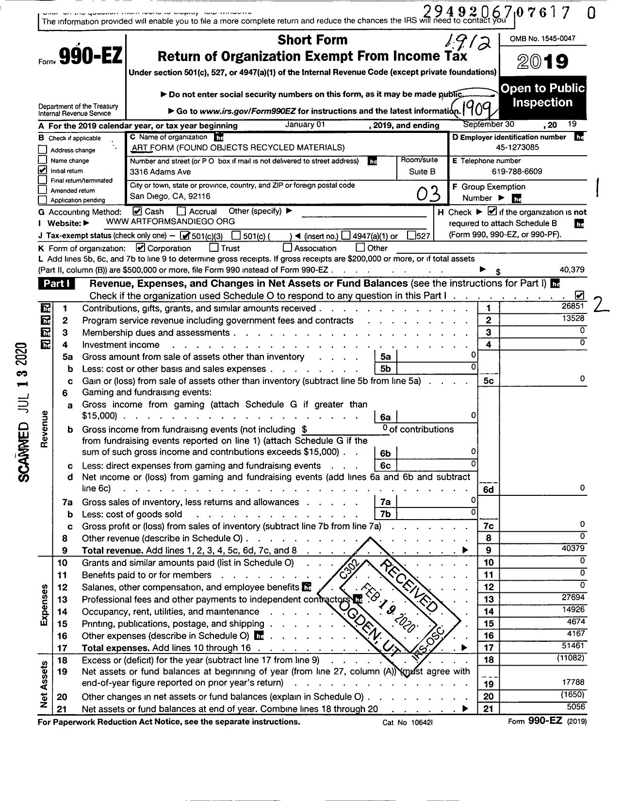 Image of first page of 2018 Form 990EZ for Art Form Found Objects Recycled Materials