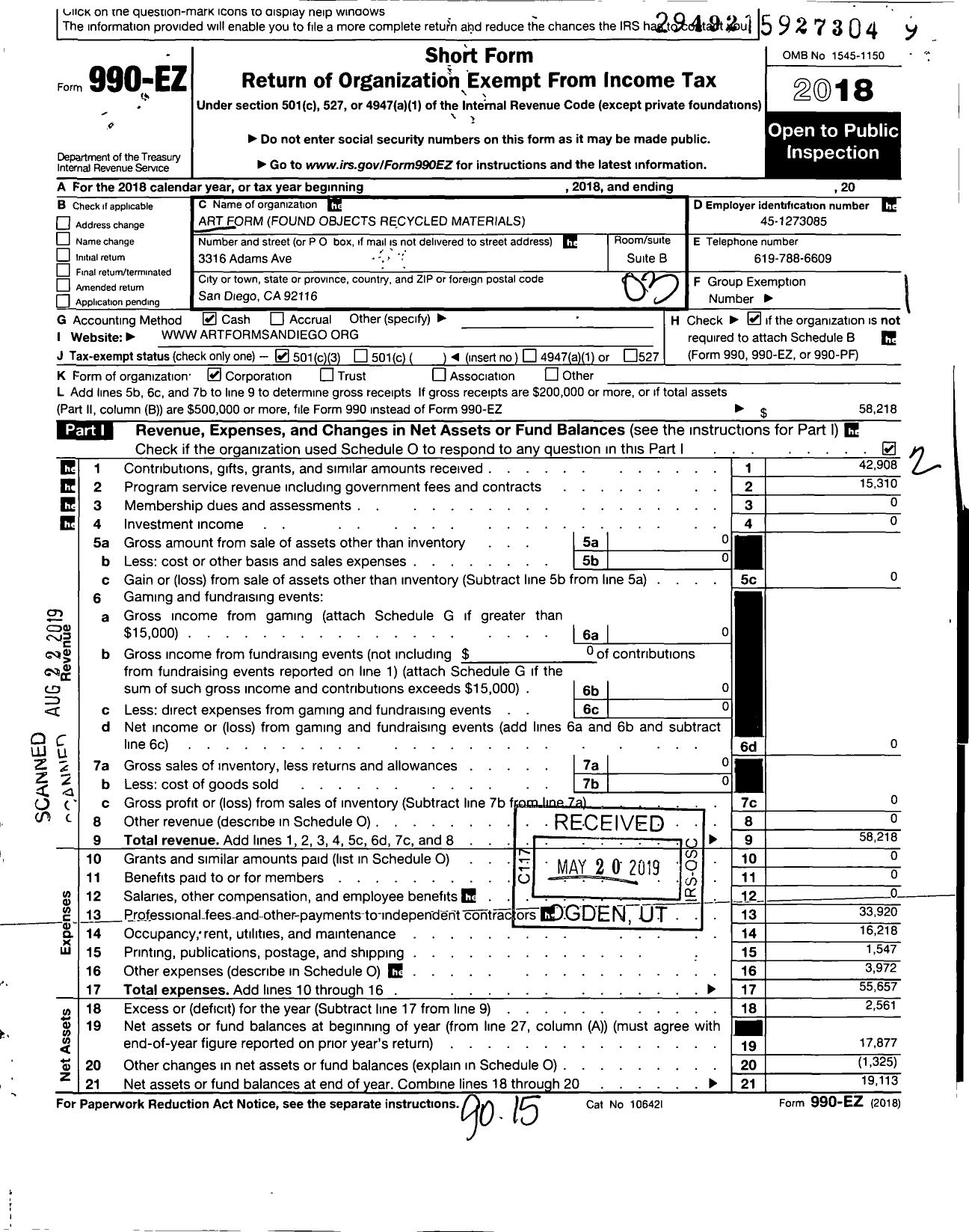 Image of first page of 2018 Form 990EZ for Art Form Found Objects Recycled Materials