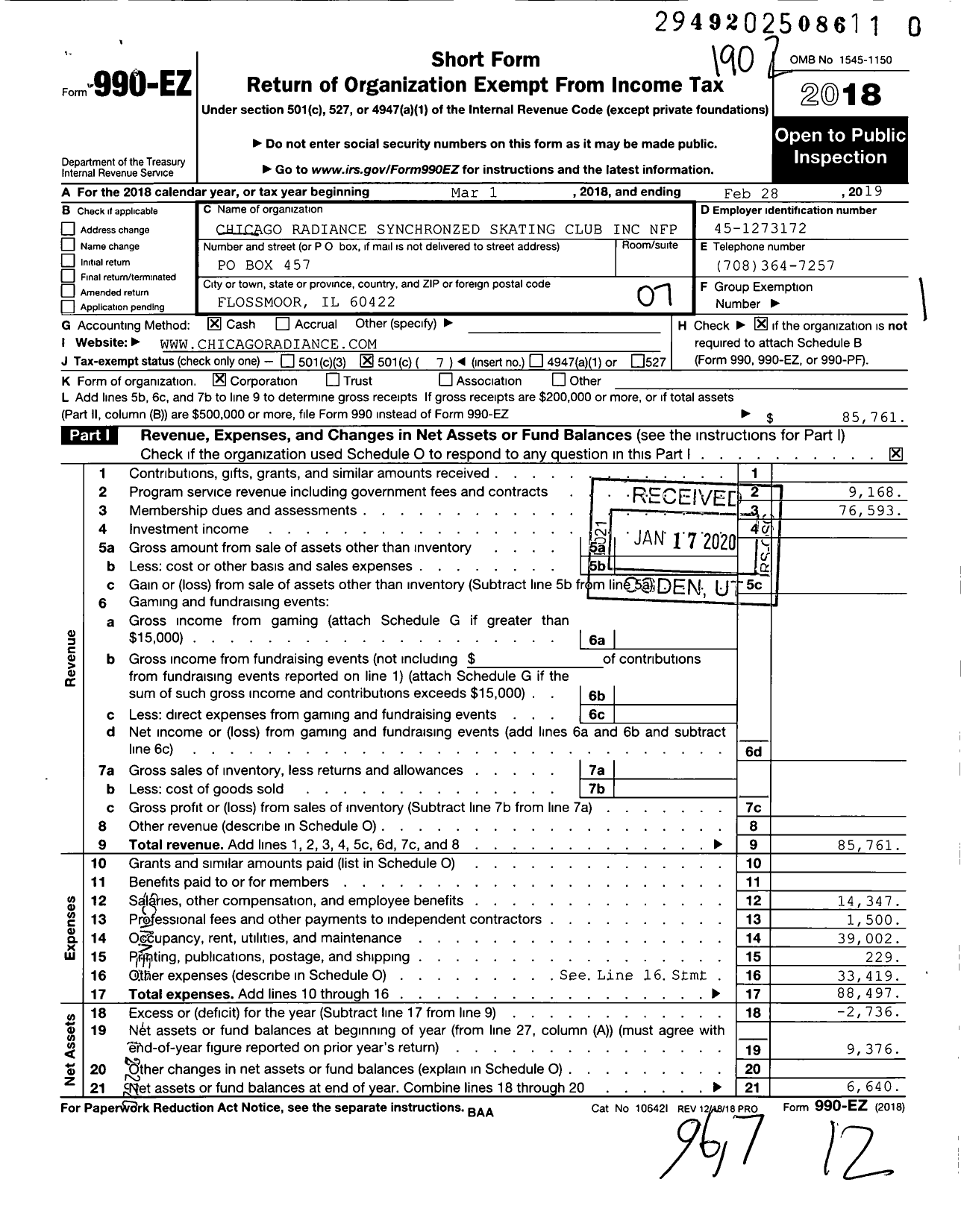 Image of first page of 2018 Form 990EO for Chicago Radiance Synchronzed Skating Club NFP