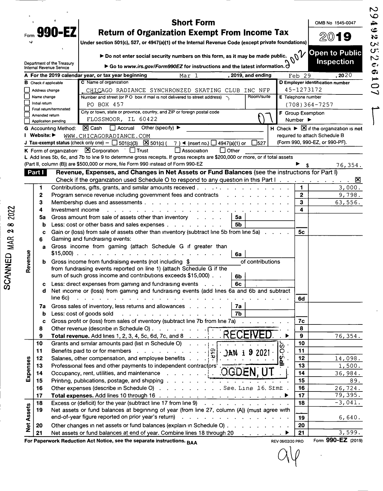 Image of first page of 2019 Form 990EO for Chicago Radiance Synchronzed Skating Club NFP