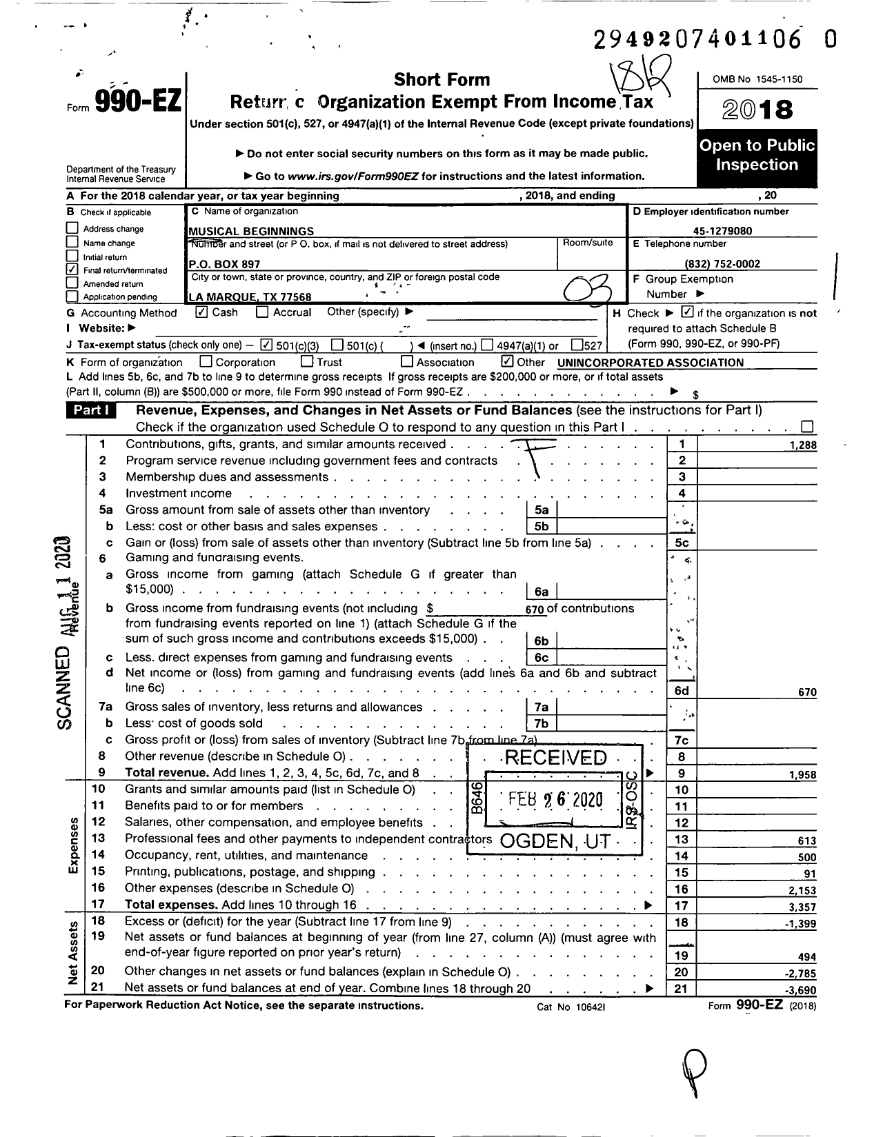 Image of first page of 2018 Form 990EZ for Musical Beginnings