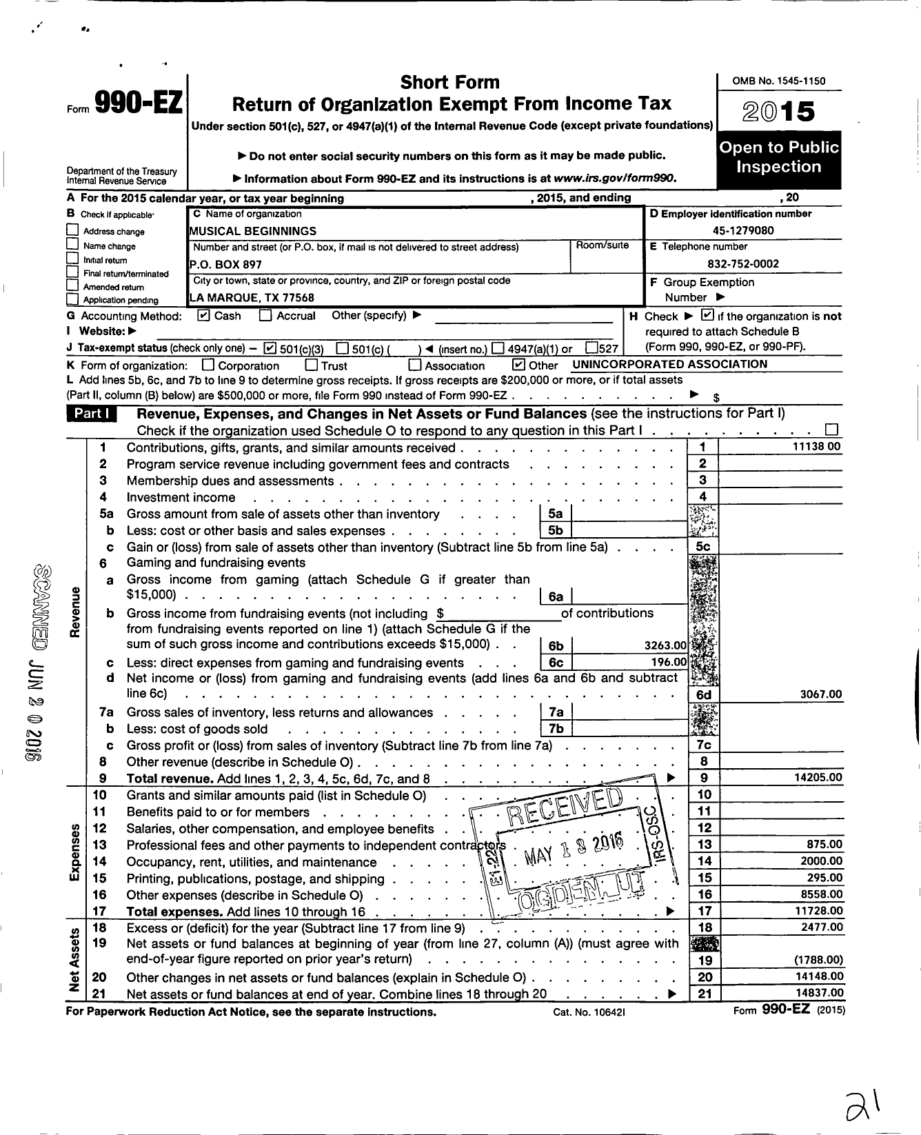 Image of first page of 2015 Form 990EZ for Musical Beginnings