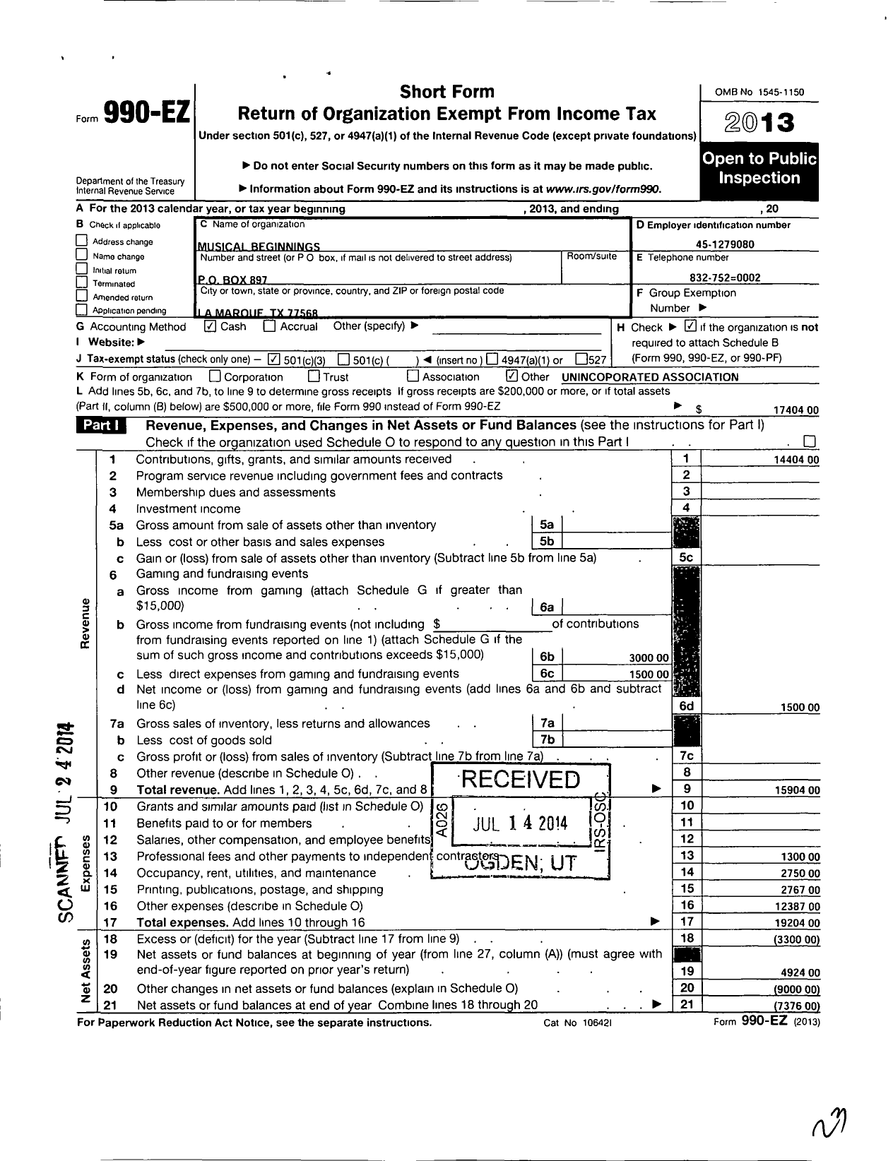 Image of first page of 2013 Form 990EZ for Musical Beginnings