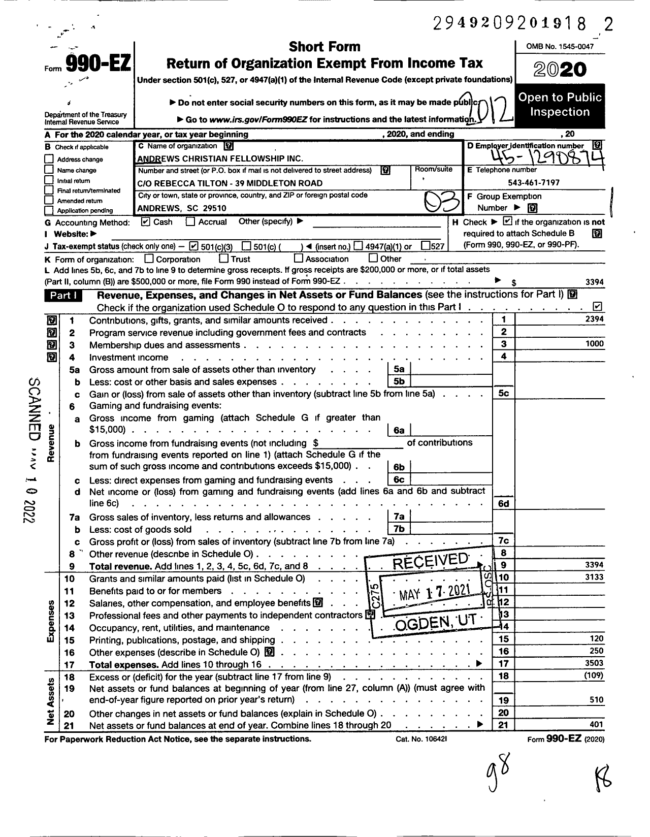 Image of first page of 2020 Form 990EZ for Nesmith and Morrisville Concern Citizens