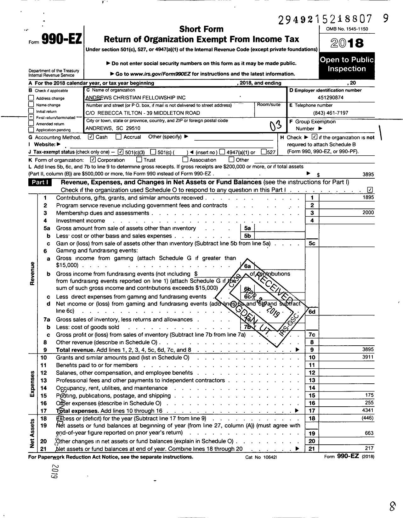 Image of first page of 2018 Form 990EZ for Nesmith and Morrisville Concern Citizens