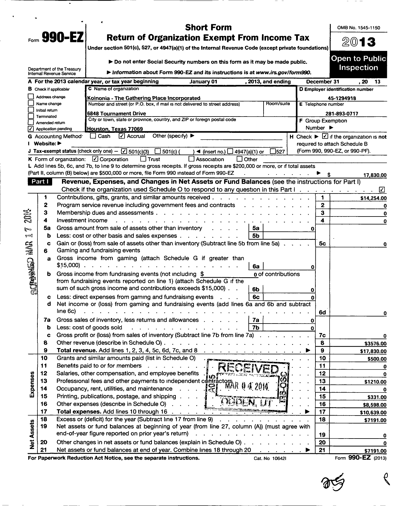 Image of first page of 2013 Form 990EZ for Koinonia - The Gathering Place