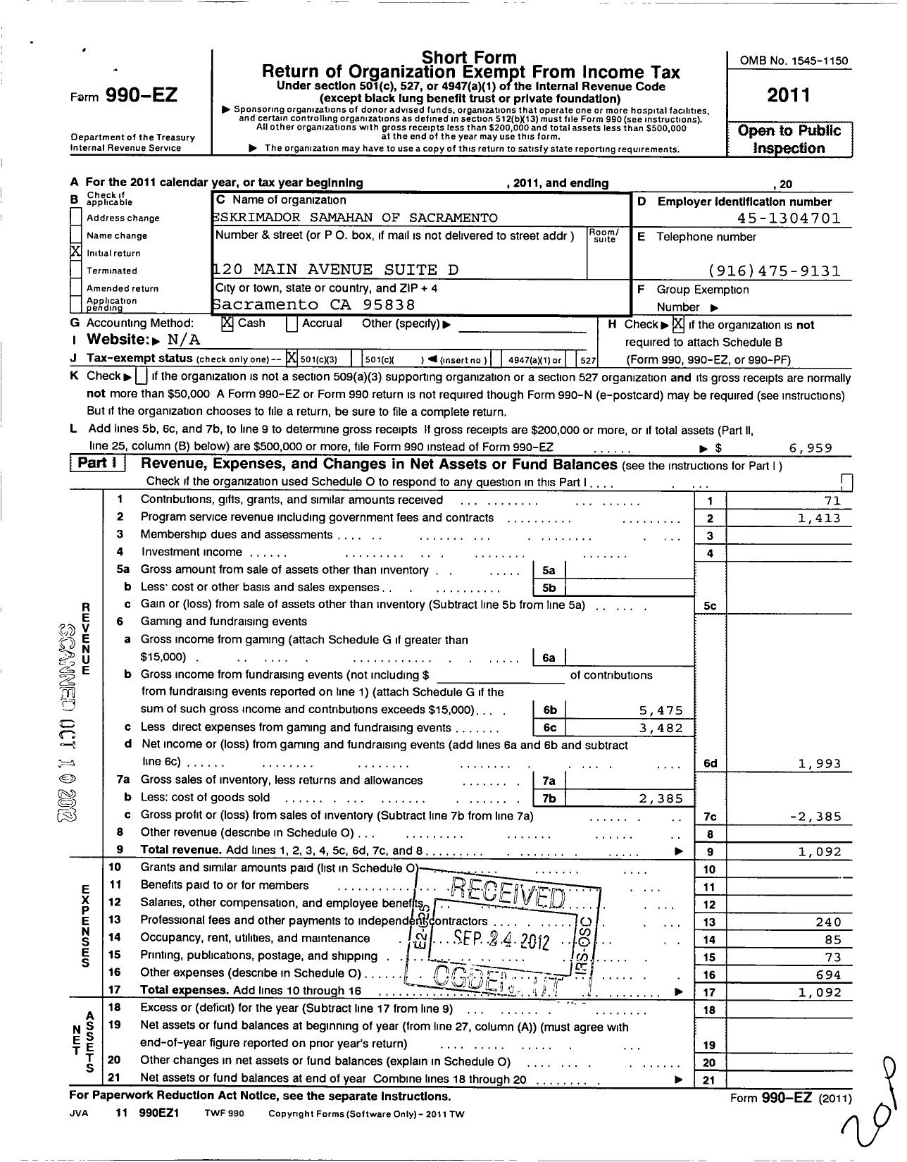 Image of first page of 2011 Form 990EZ for Eskrimador Samahan of Sacramento