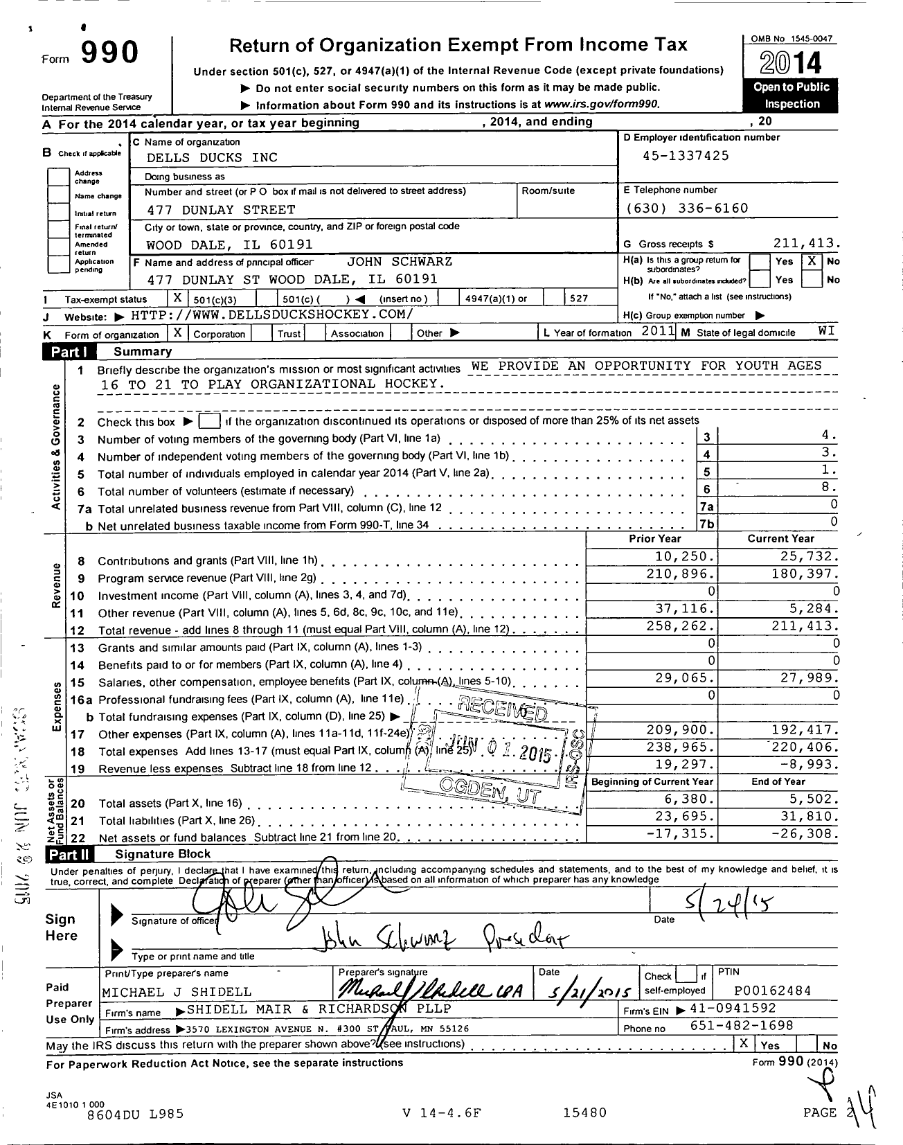 Image of first page of 2014 Form 990 for Dells Ducks