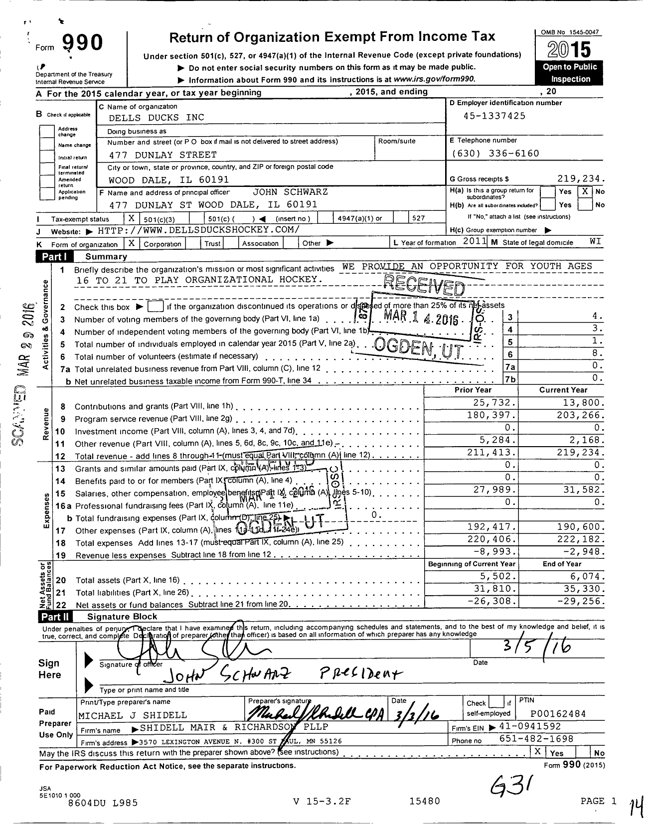 Image of first page of 2015 Form 990 for Dells Ducks