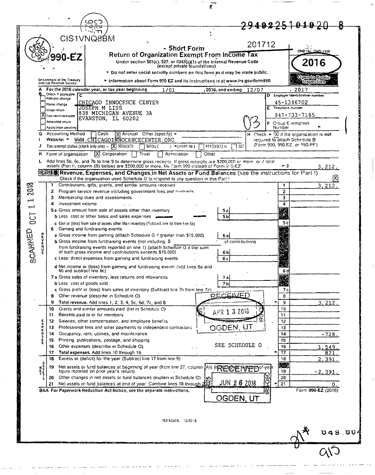 Image of first page of 2017 Form 990EZ for Chicago Innocence Center