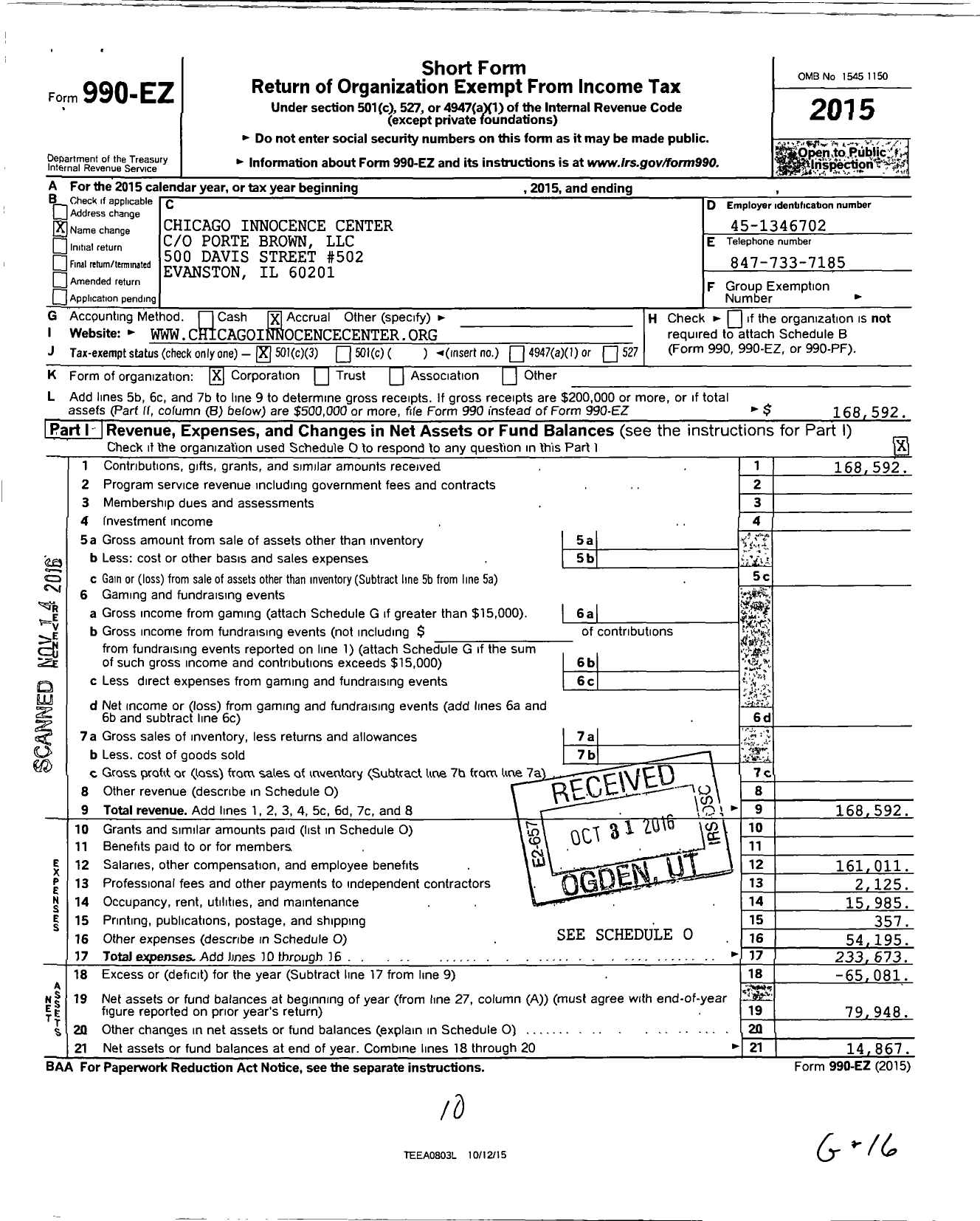 Image of first page of 2015 Form 990EZ for Chicago Innocence Center